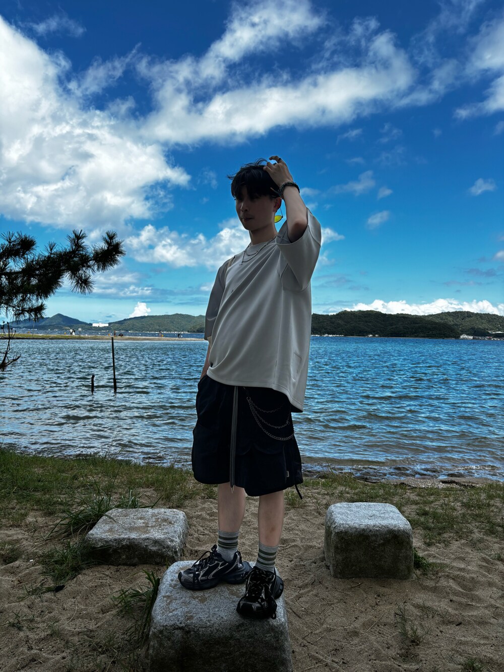シルバー系のTシャツ/カットソー、ブラック系のカーゴパンツ、ブラック系のスニーカーを着用したメンズの夏コーディネートの2枚目の写真