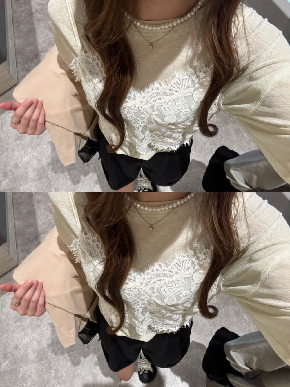 イエロー系のTシャツ/カットソー、ホワイト系のキャミソール、ブラック系のパンツを着用したレディースの春コーディネートの2枚目の写真