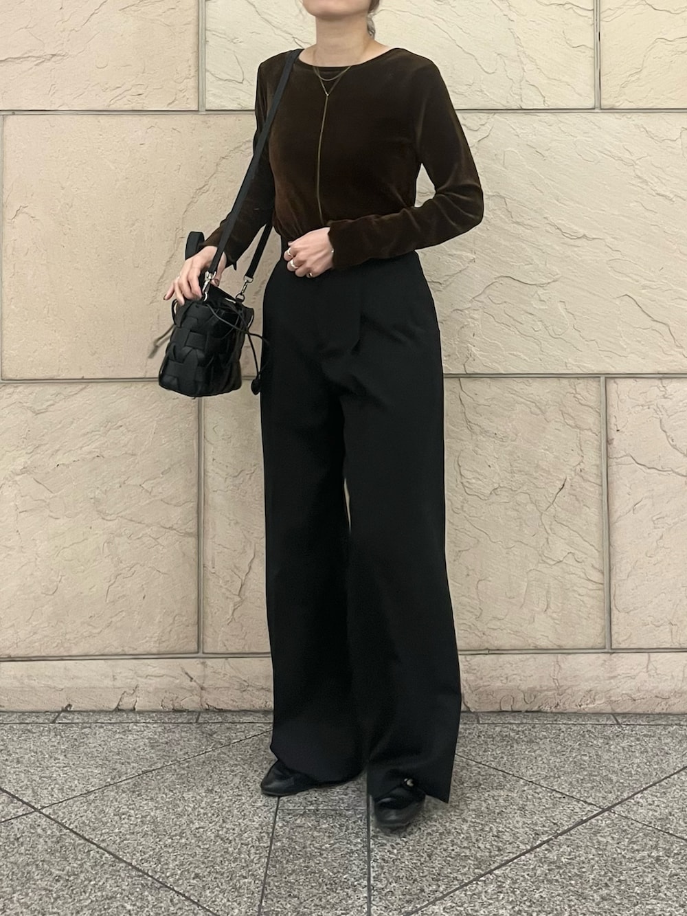 ブラウン系のTシャツ/カットソー、ブラック系のハンドバッグ、ブラック系のヘアゴムを着用したレディースの秋コーディネートの5枚目の写真