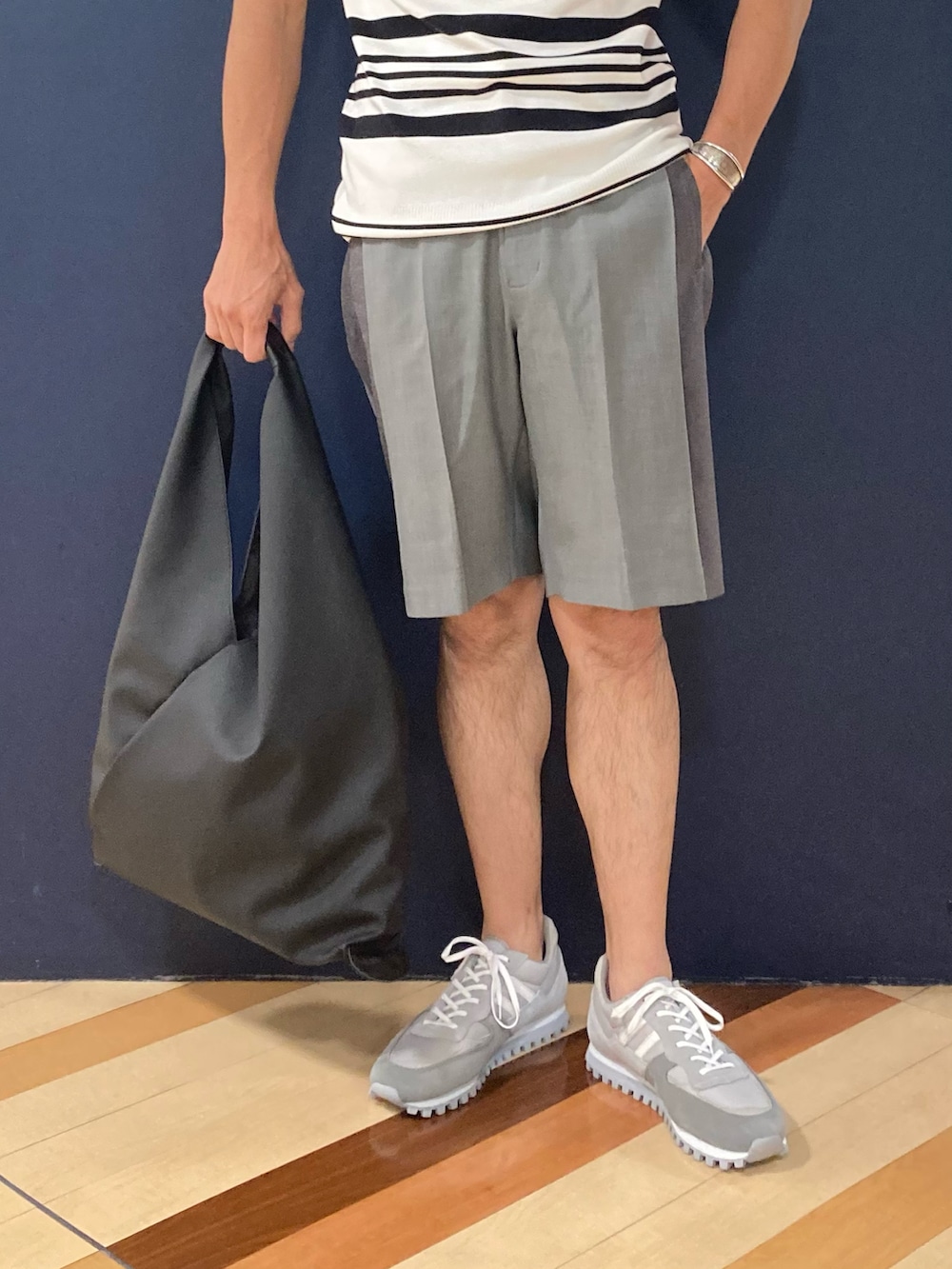 「あずま袋、ショーツ、ショートパンツ、ショーツスタイル、夏コーデ」｜「5351 POUR LES HOMMESのセーターマシーン クルーネック ニットTシャツ（Tシャツ/カットソー、その他）」を使った、nobgさん（メンズ・171cm）の夏コーディネートの2枚目の写真