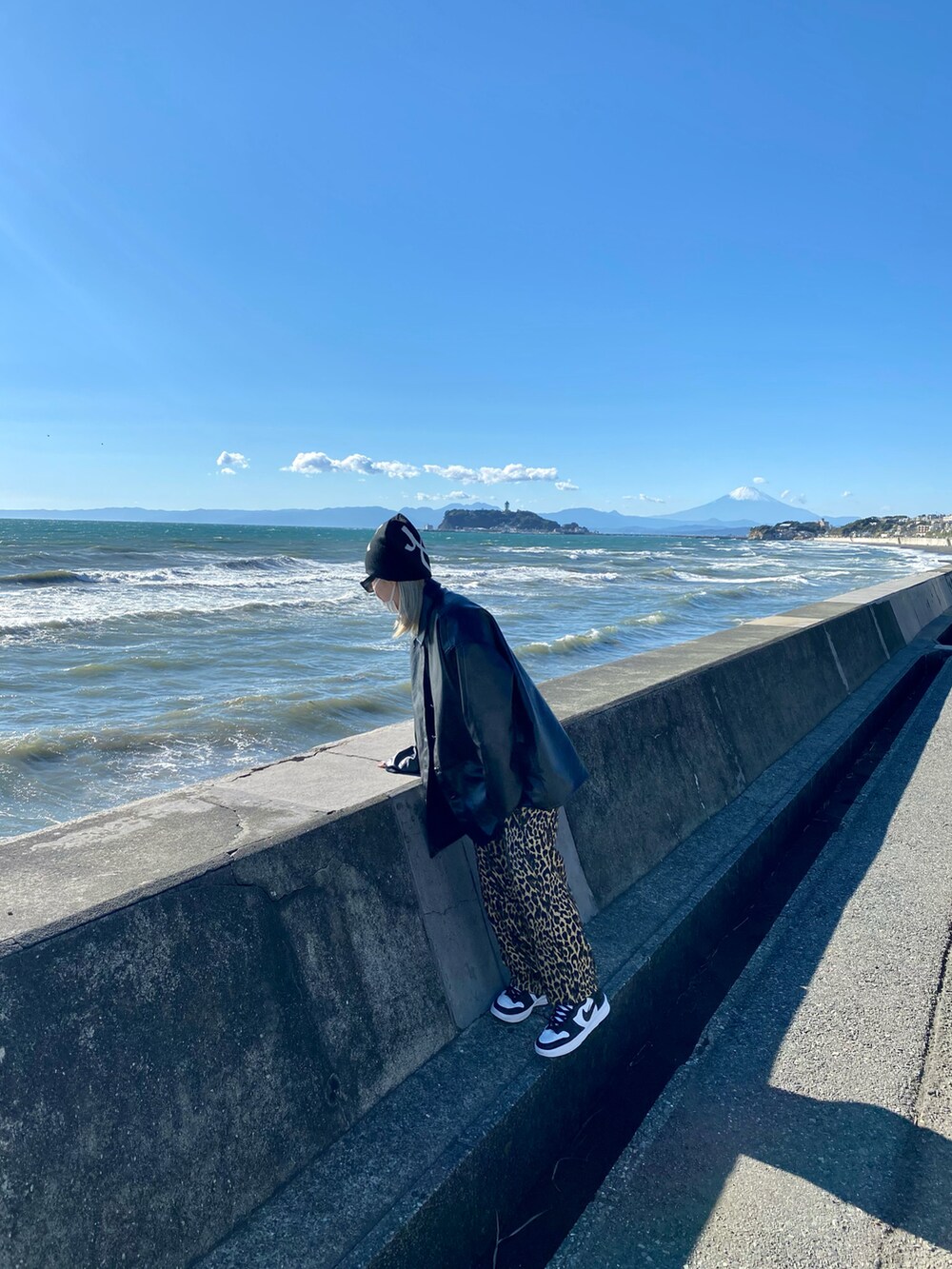 ベージュ系のその他パンツ、ブラック系のニットキャップ/ビーニーを着用したレディースの冬コーディネートの2枚目の写真