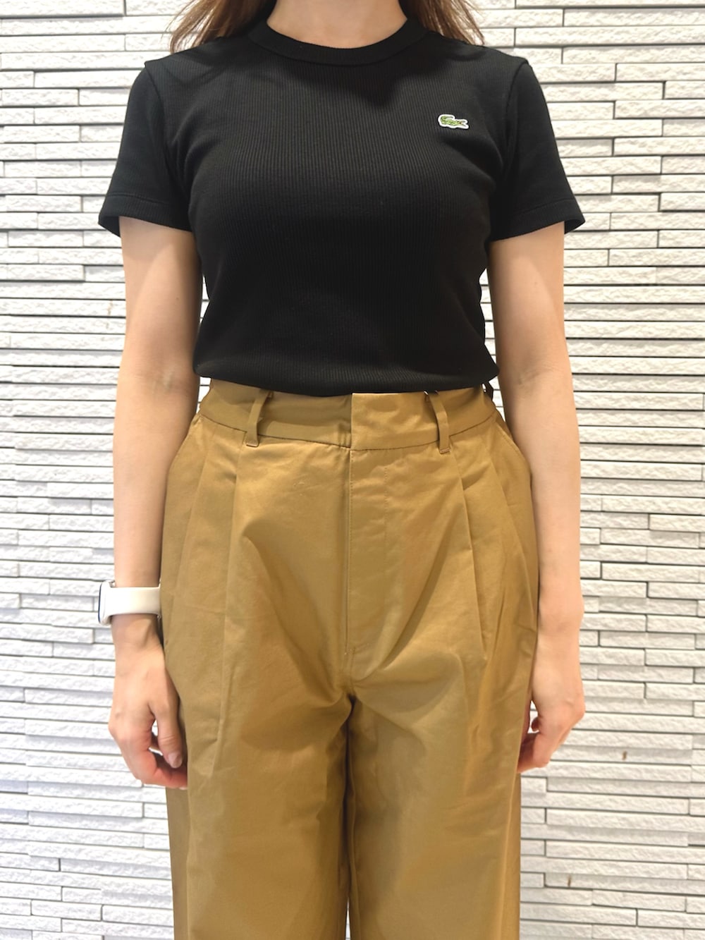 ブラック系のTシャツ/カットソー、ブラック系のショルダーバッグ、ブラウン系のその他パンツを着用したレディースの夏コーディネートの3枚目の写真