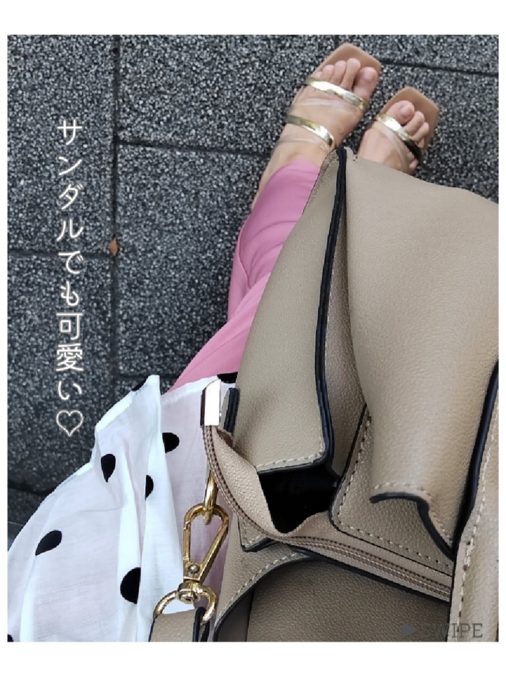 「夏コーデ、夏ファッション、ドット、ドット柄、ドットブラウス、145cm、145cmコーデ、低身長、低身長コーデ、低身長女子、ピンクパンツ、ブラック×ピンク、小柄コーデ、アラフォー、アラフォーママコーデ」｜「fifthのアイテム（ショルダーバッグ、ホワイト系）」を使った、minicocochan【相互フォロー】さん（骨格ストレート・レディース・145cm）の夏コーディネートの3枚目の写真