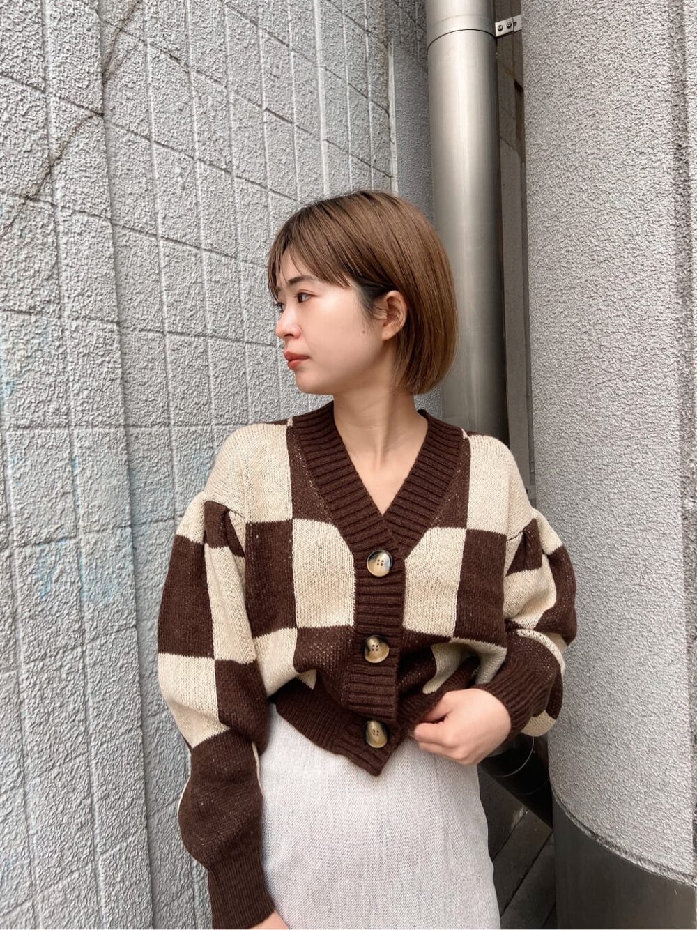 ホワイト系のスカート、ベージュ系のハンドバッグ、ブラウン系のカーディガン/ボレロを着用したレディースの冬コーディネートの3枚目の写真