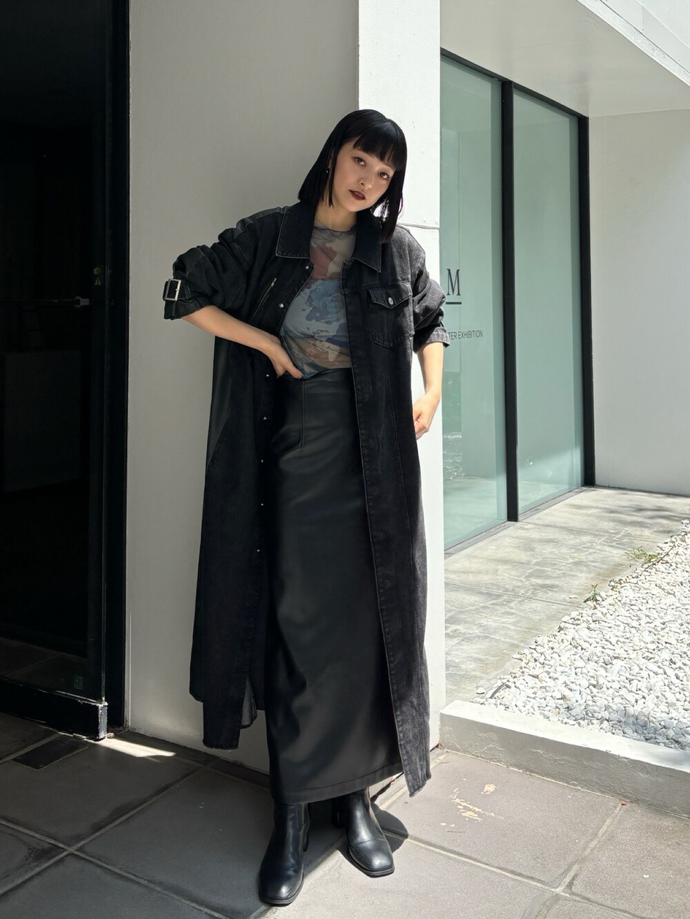 YUKKO】フェイクレザーパターンロングデニムコート ブラック