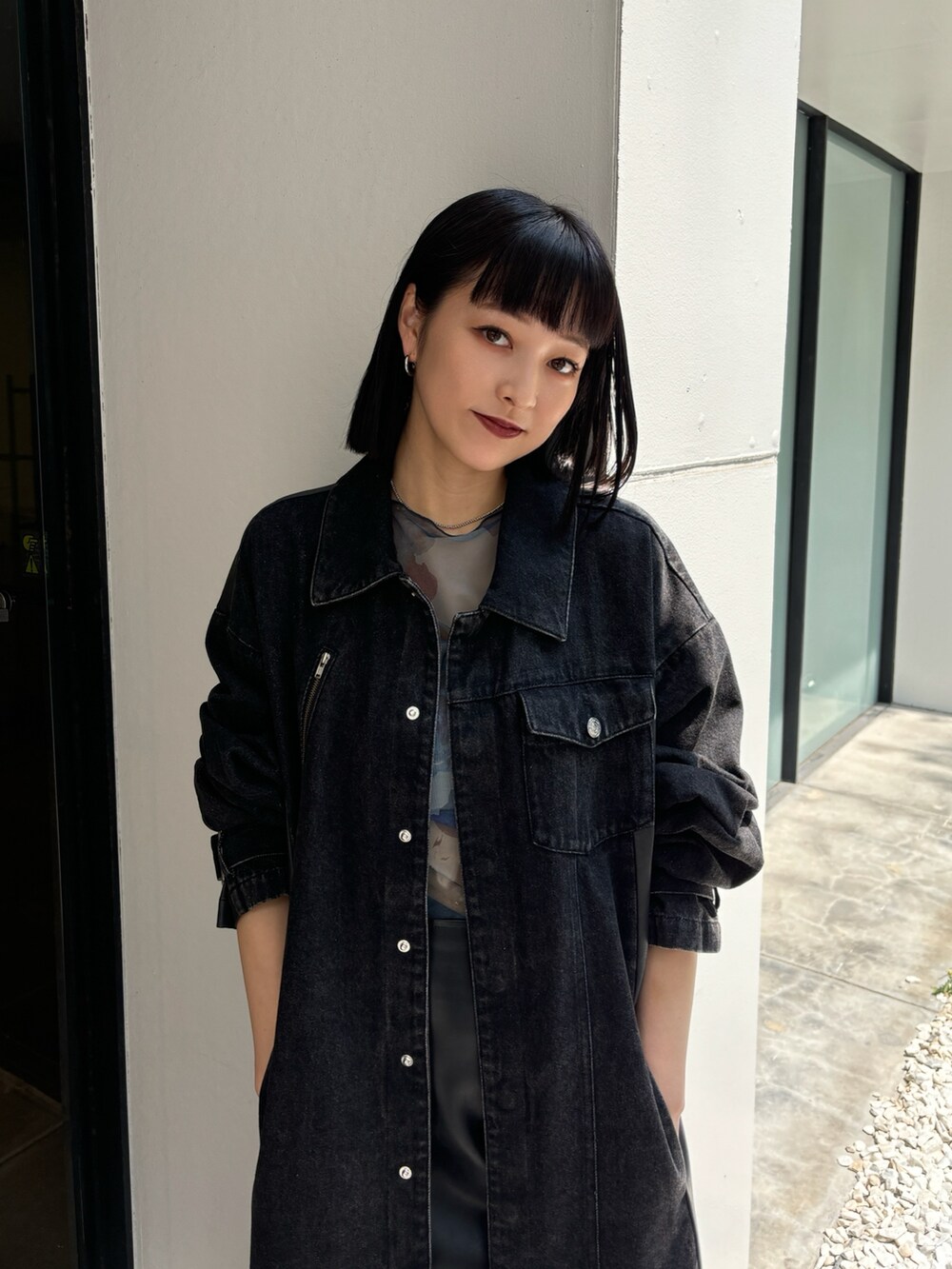 YUKKO】フェイクレザーパターンロングデニムコート ブラック