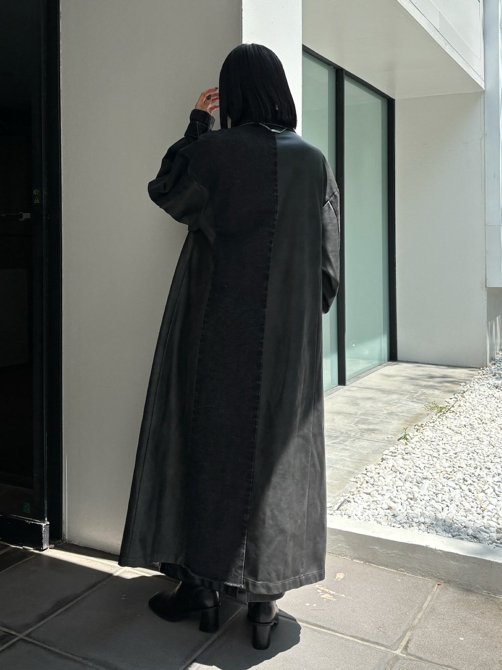 YUKKO】フェイクレザーパターンロングデニムコート ブラック