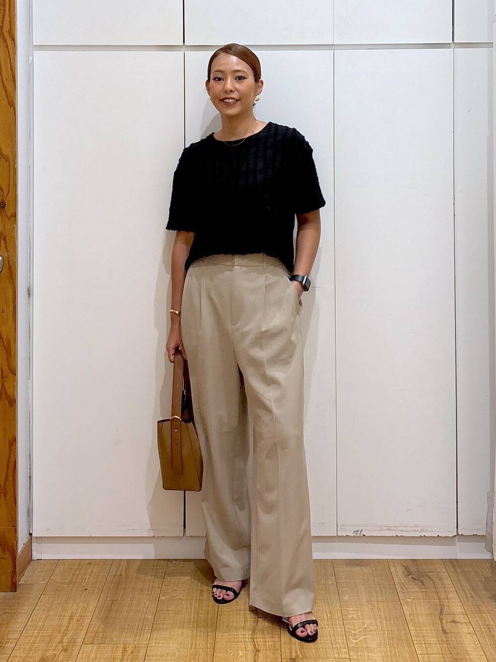 「体型カバー、高見え、高身長、ママコーデ、骨格ストレート、GLOBAL WORK、着痩せ・細見え、and STセール」|「GLOBAL WORKのスペ軽5WAYショルダー/253022(ショルダーバッグ、ブラウン系)」を使った、ココさん(レディース・165cm)の夏コーディネートの3枚目の写真