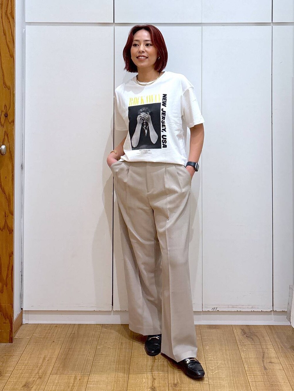 「体型カバー、高見え、高身長、ママコーデ、骨格ストレート、GLOBAL WORK、着痩せ・細見え」｜「GLOBAL WORKのGOODデニムバギーパンツ/118365（デニムパンツ、ブルー系）」を使った、ココさん（レディース・165cm）の春コーディネートの5枚目の写真