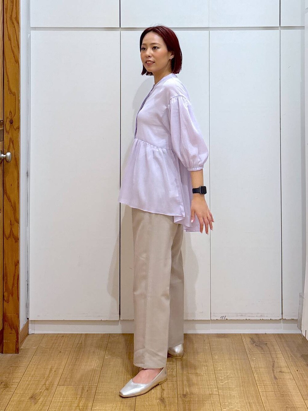 「体型カバー、高見え、高身長、ママコーデ、骨格ストレート、GLOBAL WORK、着痩せ・細見え」｜「GLOBAL WORKのパールビスチェ/115641（ベスト、ホワイト系）」を使った、ココさん（レディース・165cm）の春コーディネートの3枚目の写真