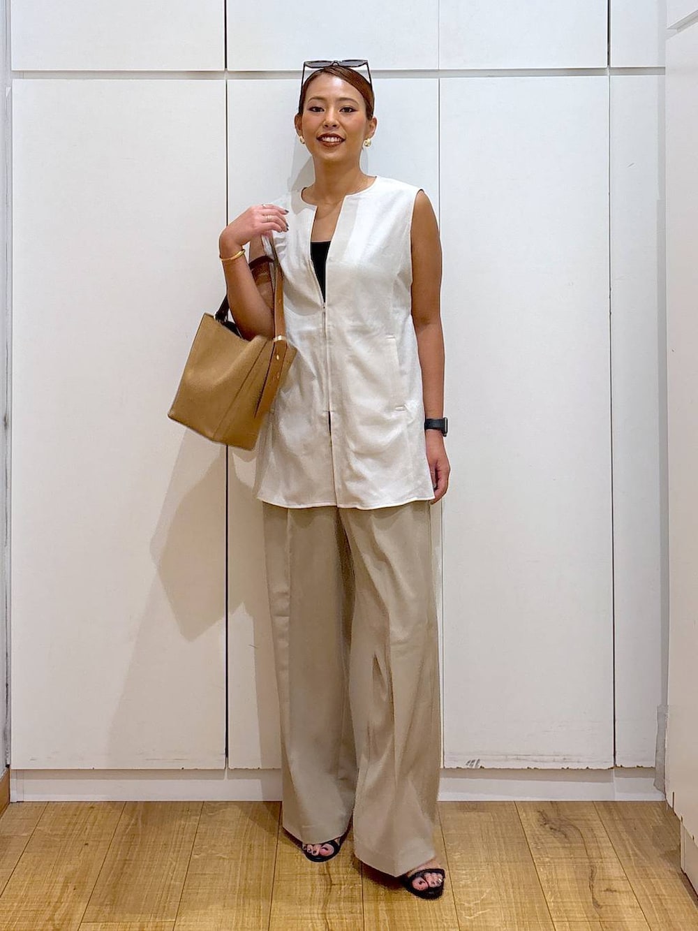 「体型カバー、高見え、高身長、ママコーデ、骨格ストレート、GLOBAL WORK、着痩せ・細見え、and STセール」|「GLOBAL WORKのスペ軽5WAYショルダー/253022(ショルダーバッグ、ブラウン系)」を使った、ココさん(レディース・165cm)の夏コーディネートの3枚目の写真