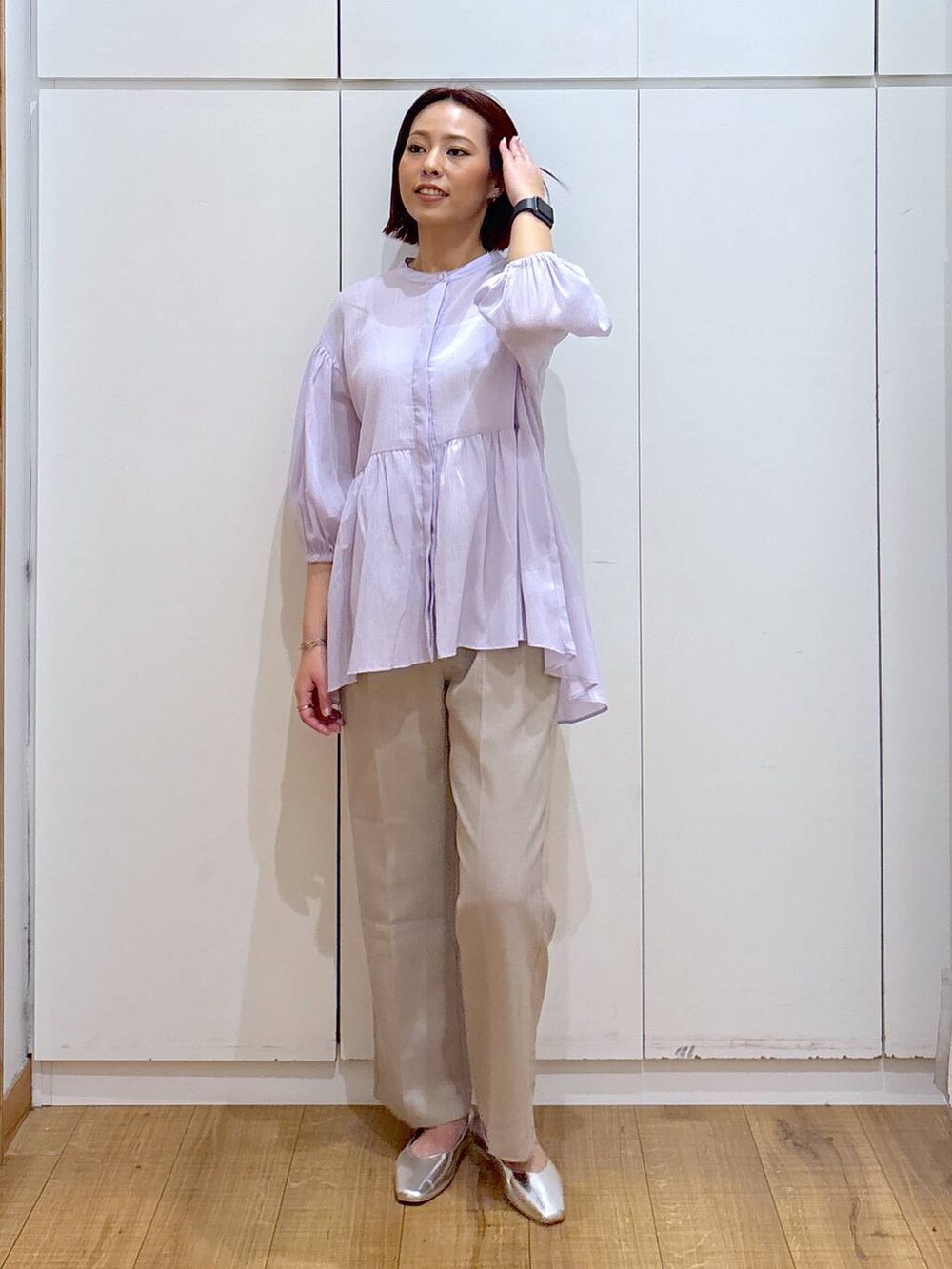 「体型カバー、高見え、高身長、ママコーデ、骨格ストレート、GLOBAL WORK、着痩せ・細見え」｜「GLOBAL WORKのパールビスチェ/115641（ベスト、ホワイト系）」を使った、ココさん（レディース・165cm）の春コーディネートの2枚目の写真