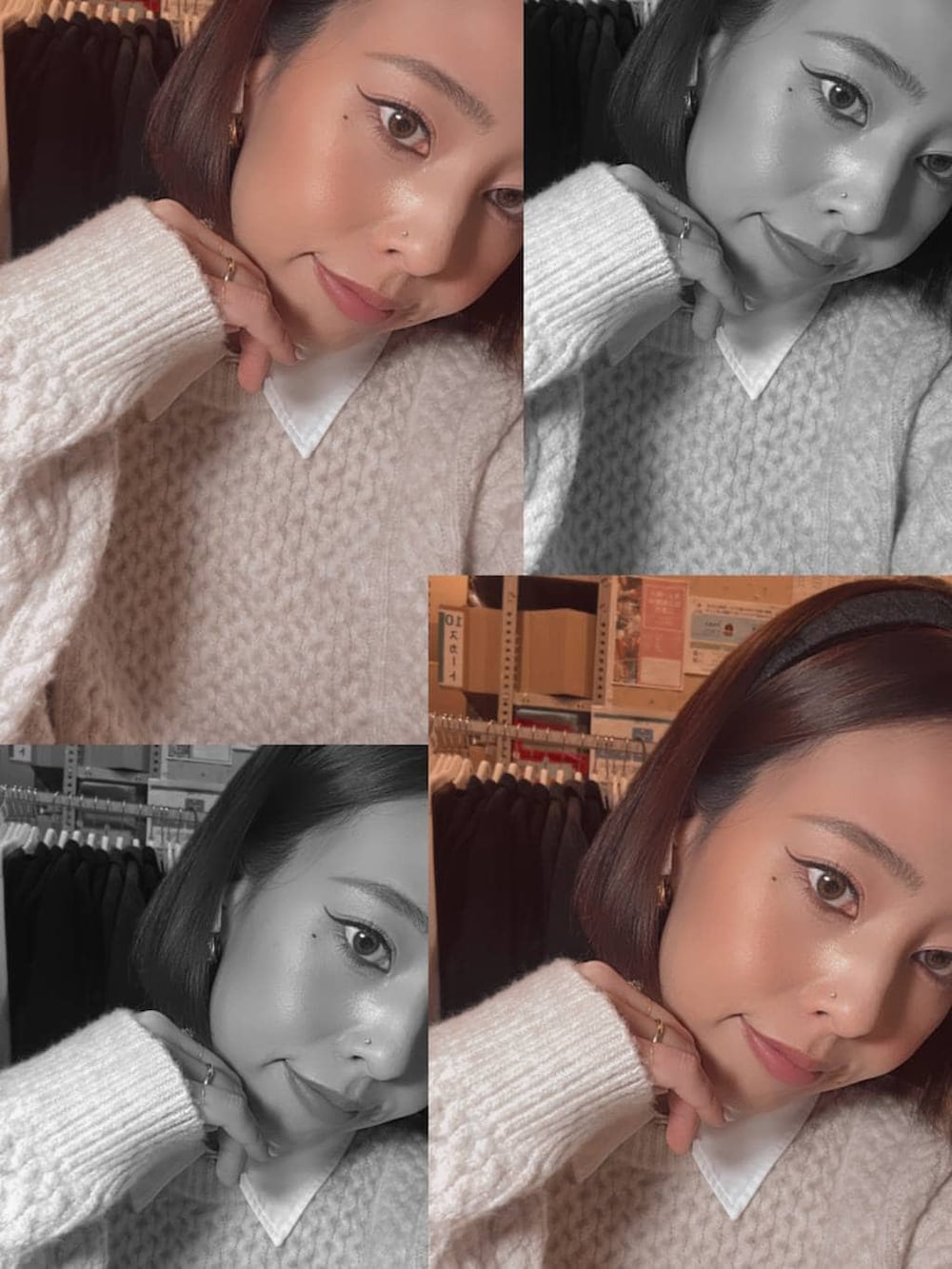 ホワイト系のシャツ/ブラウス、ホワイト系のニット/セーター、ブラック系のカチューシャを着用したレディースの冬コーディネートの4枚目の写真