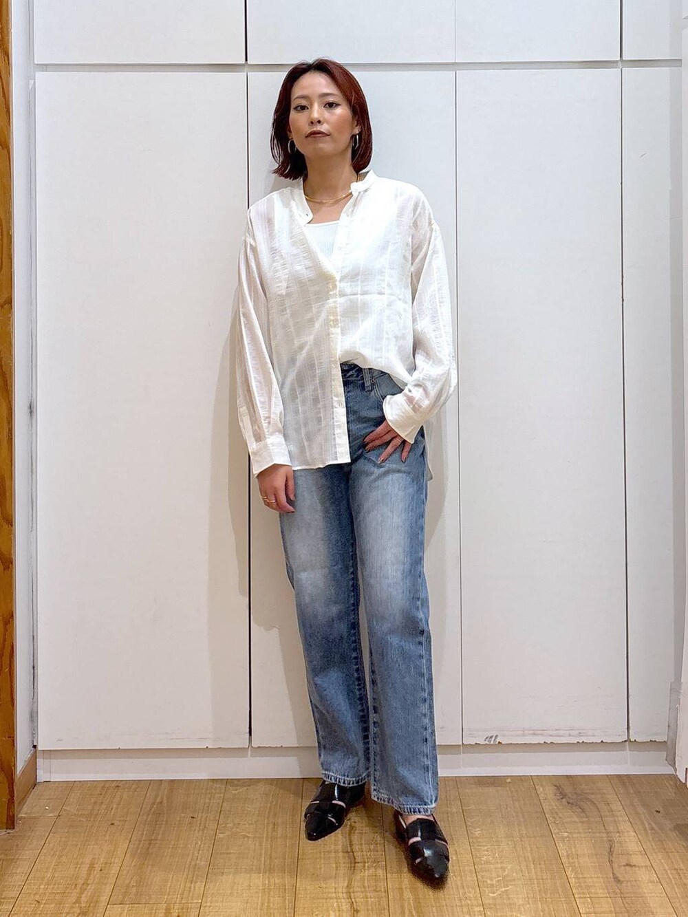 「体型カバー、高見え、高身長、ママコーデ、骨格ストレート、GLOBAL WORK、着痩せ・細見え」|「GLOBAL WORKのGOODデニムストレートパンツ/209645(デニムパンツ、ブルー系)」を使った、ココさん(レディース・165cm)の春コーディネートの5枚目の写真