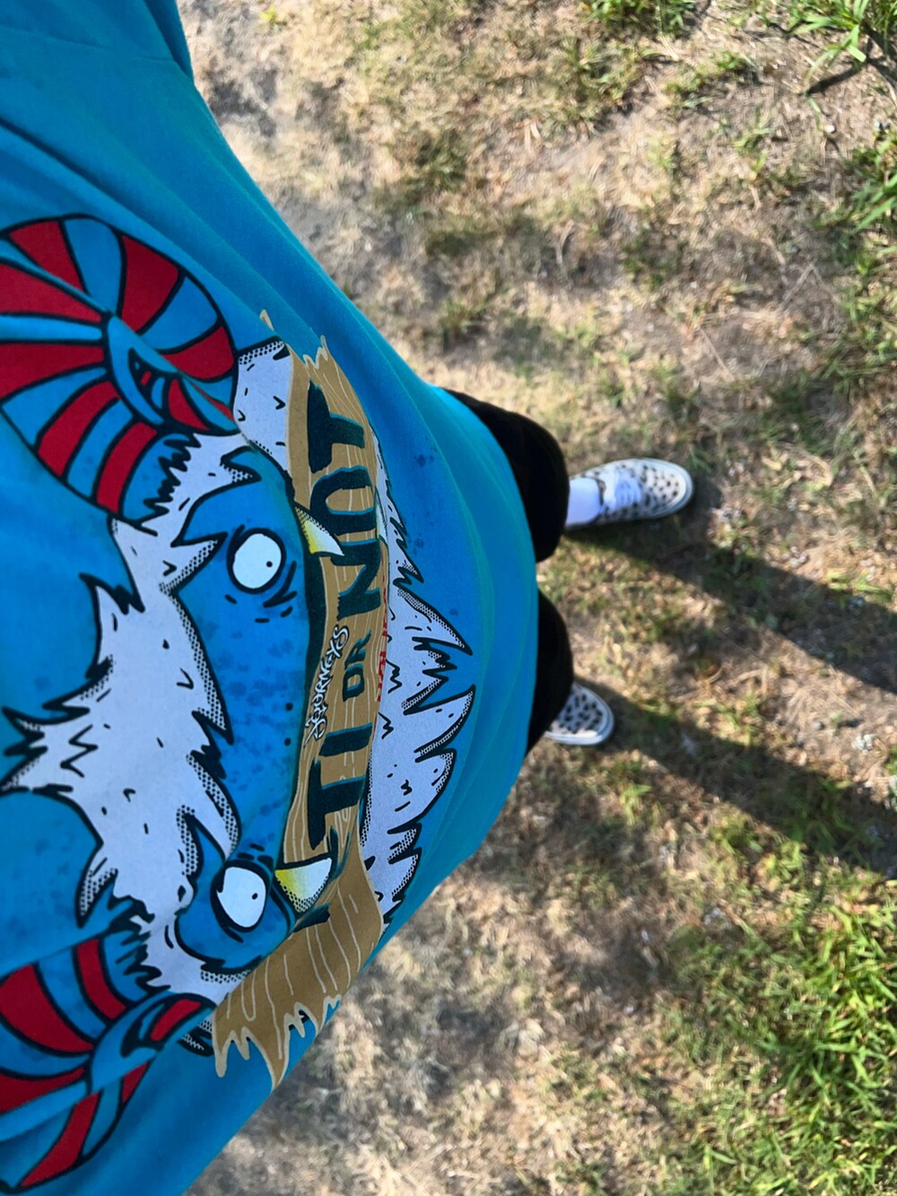 「古着MIX、プチプラ、VANS、キャップ、ニューエラ、夏コーデ、ユニクロ、レオパード、フェススタイル、ハーフパンツ、ビッグシルエット、メガネ男子、ロゴT、ナイロンパンツ」｜「VINTAGEの古着 YETI or NOT STAFF T（Tシャツ/カットソー、ブルー系）」を使った、し〜も☆さん（メンズ・172cm）の夏コーディネートの3枚目の写真