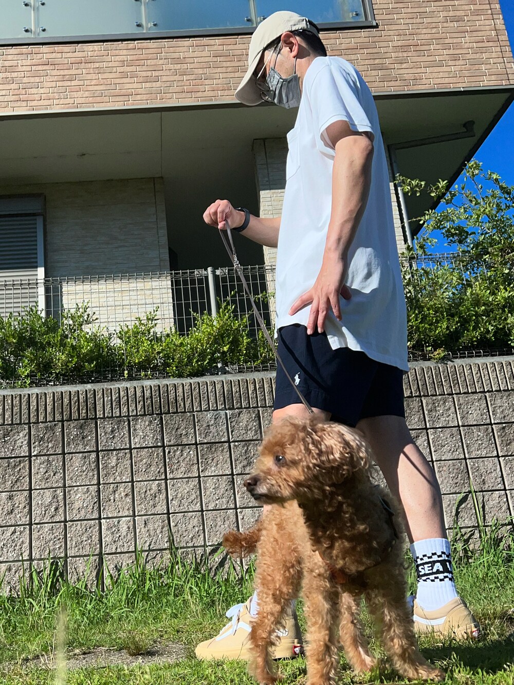 ホワイト系のポロシャツ、ブルー系のチノパンツ、ベージュ系のスニーカーを着用したメンズの夏コーディネートの2枚目の写真