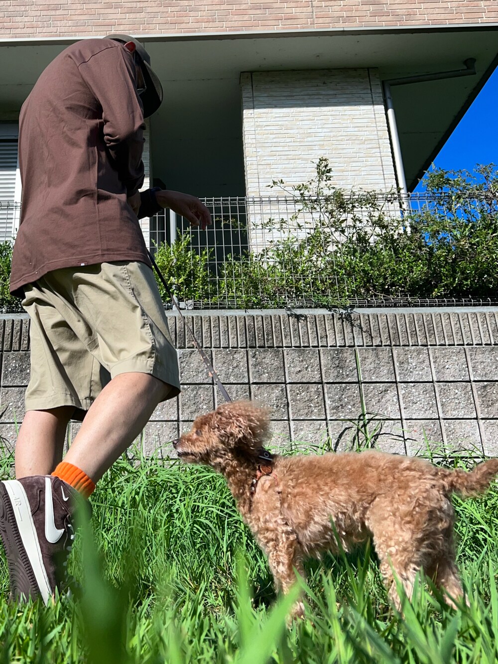 ベージュ系のその他パンツ、ブラウン系のTシャツ/カットソー、ブラウン系のスニーカーを着用したメンズの夏コーディネートの2枚目の写真