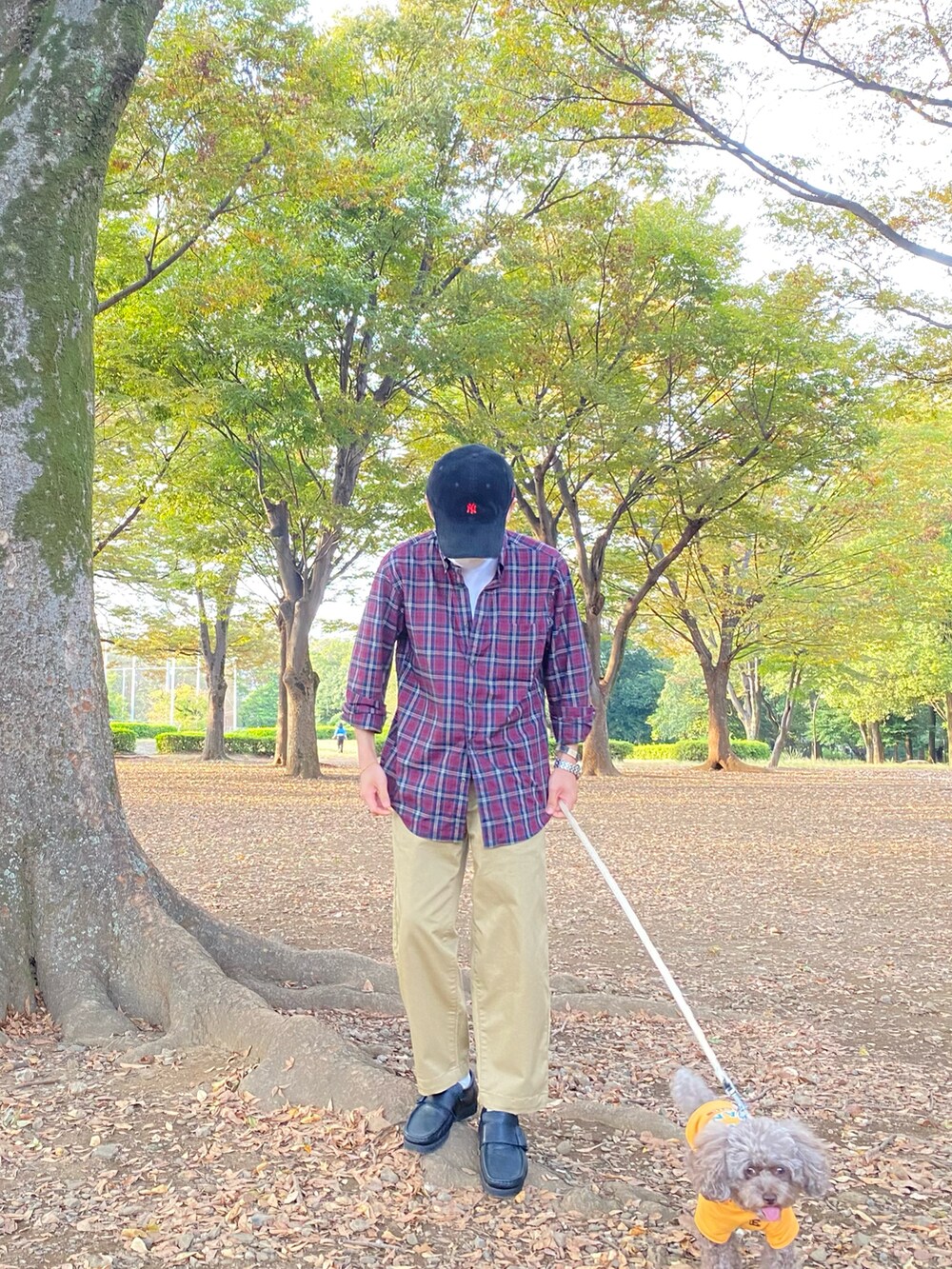 レッド系のシャツ/ブラウス、ホワイト系のTシャツ/カットソー、ベージュ系のチノパンツを着用したメンズの秋コーディネートの4枚目の写真