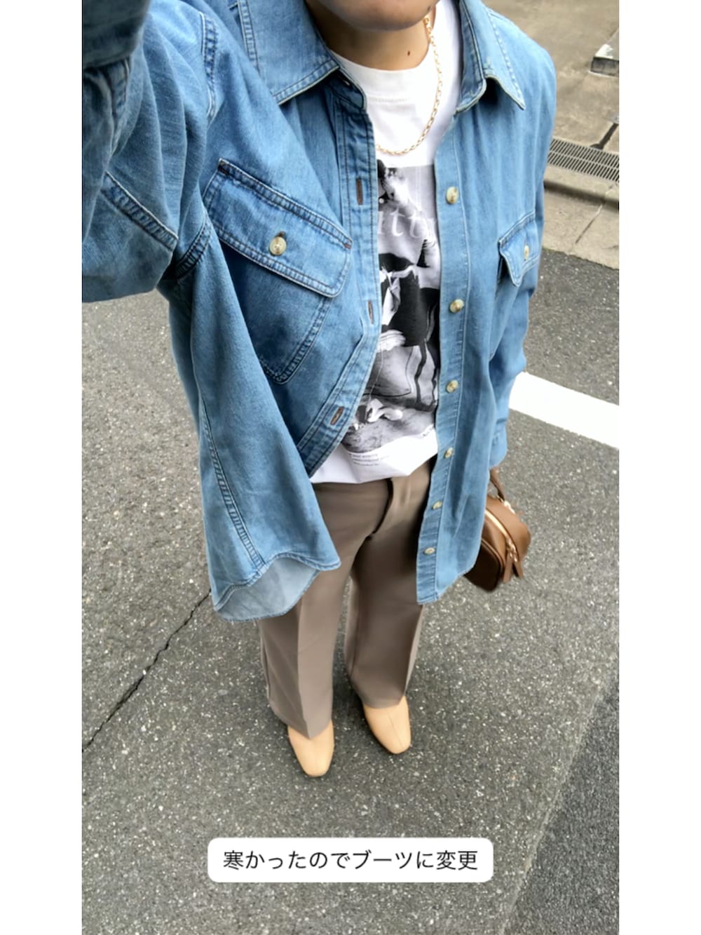 「サンダル、シャツスタイル、大人コーデ、デニムシャツ、フォトT、プリントT、大人カジュアル、UNIQLO、GU、GOOD ROCK SPEED、低身長コーデ、春夏コーデ、気温20度から24度、大人ファッション、ラクチンコーデ」｜「GOOD ROCK SPEEDの《追加3》GOOD ROCK SPEED SLOBE別注 LIFE PC PHOTO TEE1 C5806-03BODY（Tシャツ/カットソー、ホワイト系）」を使った、SACHIさん（骨格ナチュラル・レディース・150cm）の春コーディネートの5枚目の写真