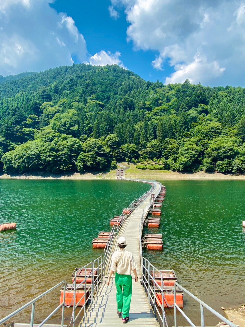 グリーン系のその他パンツ、ベージュ系のシャツ/ブラウス、ベージュ系のショルダーバッグを着用したレディースの夏コーディネートの2枚目の写真