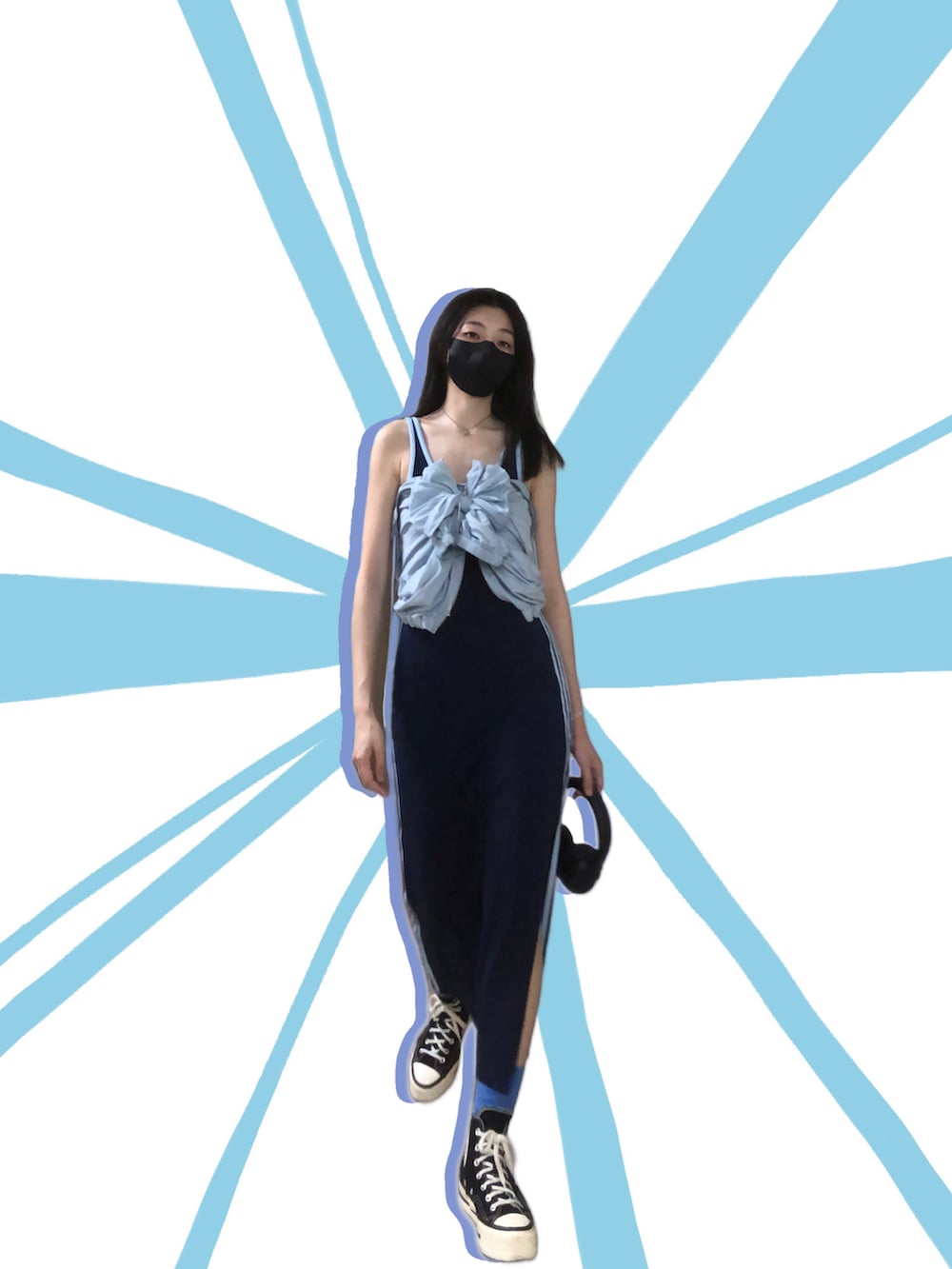 ブルー系のその他アウター、ブルー系のジャンパースカート、ブラウン系のショルダーバッグを着用したレディースの秋コーディネートの4枚目の写真