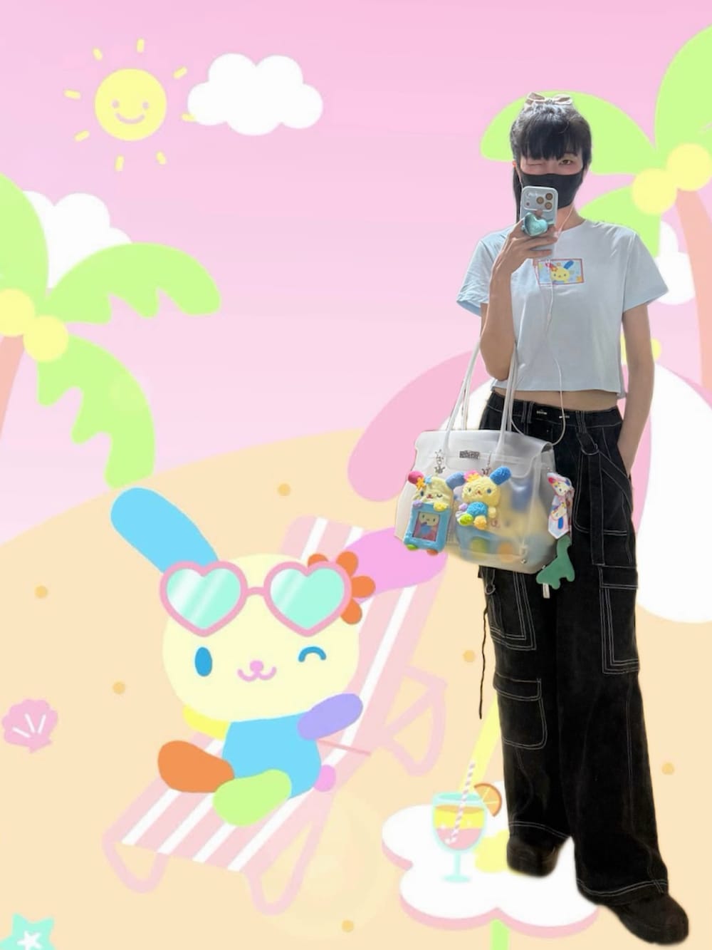 ブルー系のTシャツ/カットソー、ブルー系のその他アウター、ブラック系のパンツを着用したレディースの夏コーディネートの5枚目の写真
