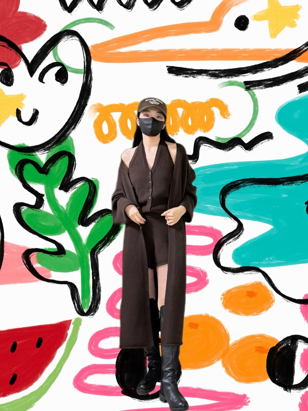 ブラウン系のその他トップス、ブラウン系のピーコート、ブラウン系のその他パンツを着用したレディースの冬コーディネートの2枚目の写真