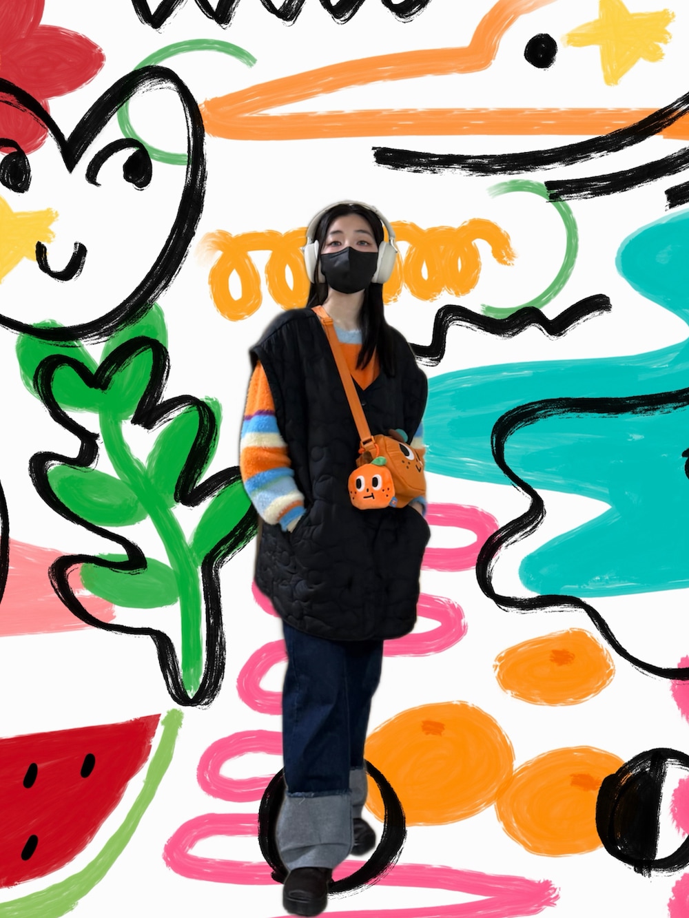 オレンジ系のニット/セーター、ブラック系のノーカラージャケット、ブルー系のデニムパンツを着用したレディースの冬コーディネートの2枚目の写真