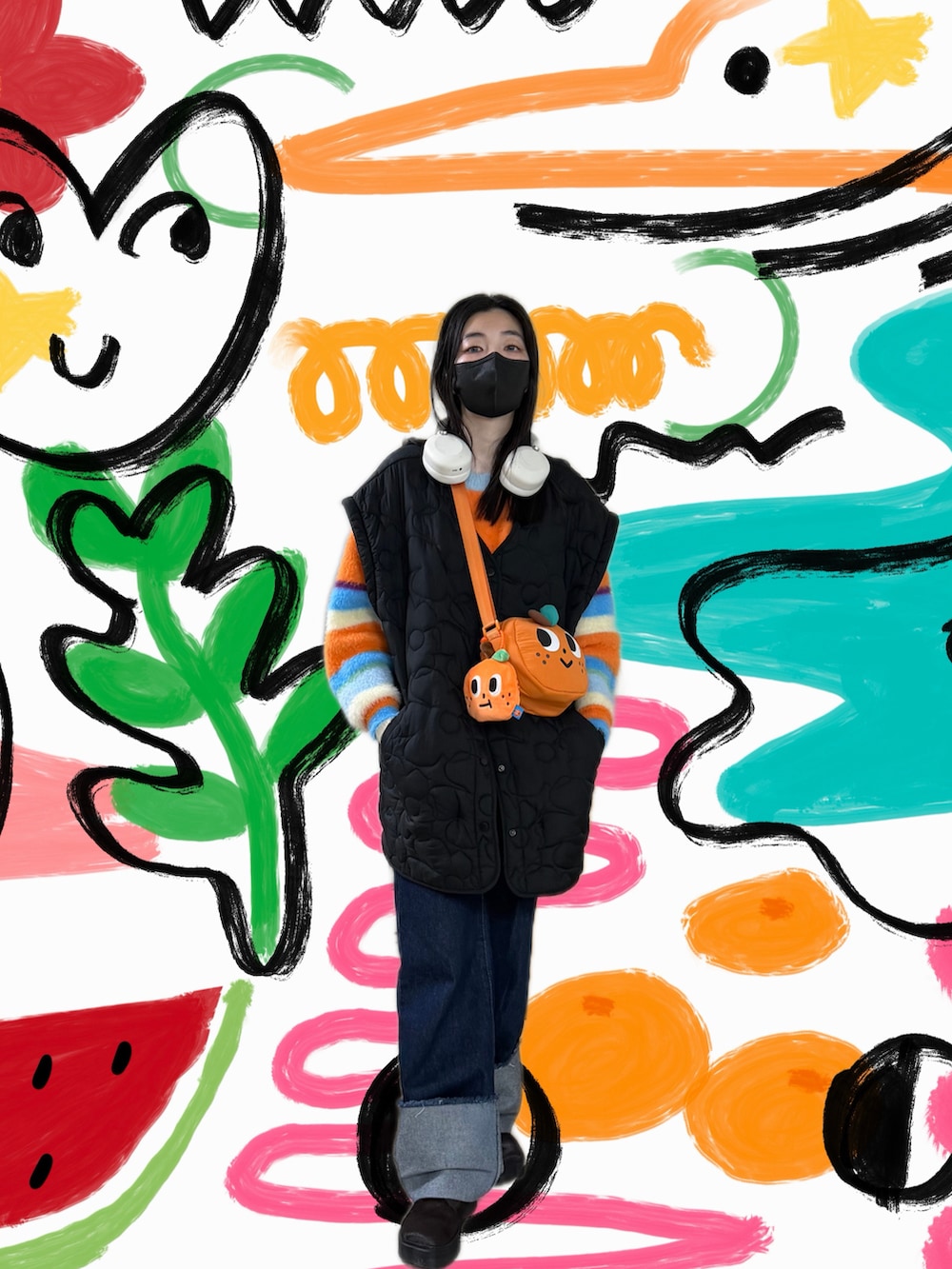 オレンジ系のニット/セーター、ブラック系のノーカラージャケット、ブルー系のデニムパンツを着用したレディースの冬コーディネートの4枚目の写真