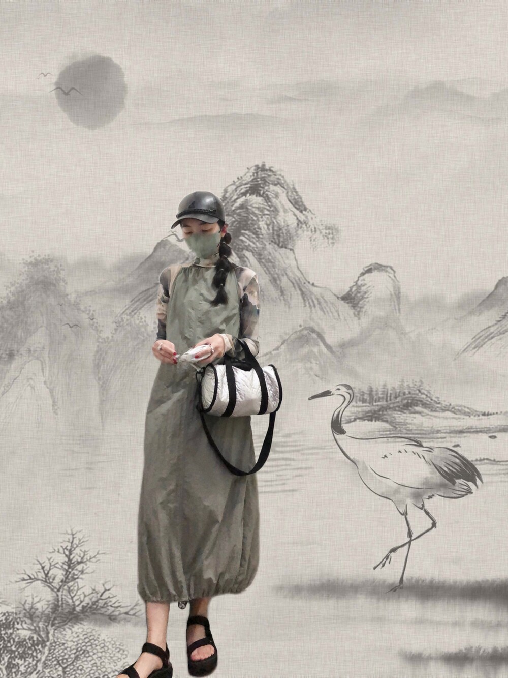 ブラック系のサンダル、その他のトップス、グリーン系のジャンパースカートを着用したレディースの秋コーディネートの2枚目の写真