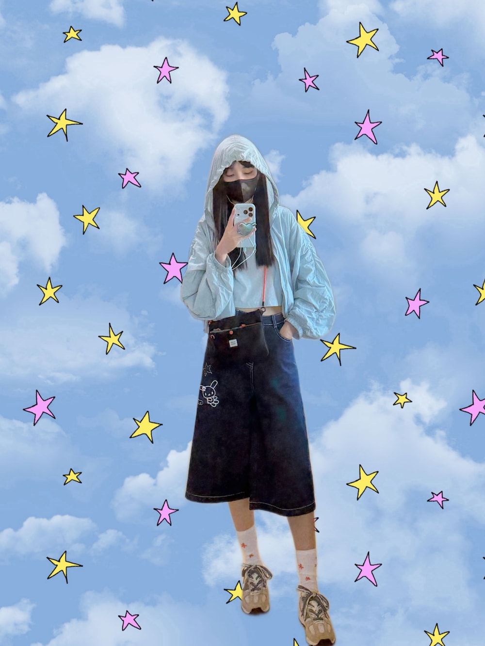 ブルー系のTシャツ/カットソー、グレー系のTシャツ/カットソー、ブルー系のその他アウターを着用したレディースの秋コーディネートの5枚目の写真
