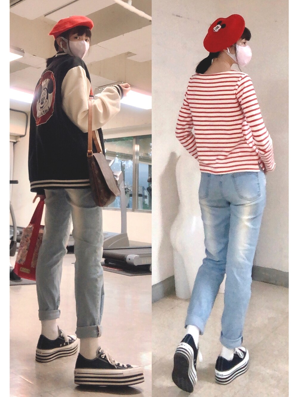 ブラック系のジャケット/アウター、レッド系のTシャツ/カットソー、ブラウン系のショルダーバッグを着用したレディースの秋コーディネートの3枚目の写真