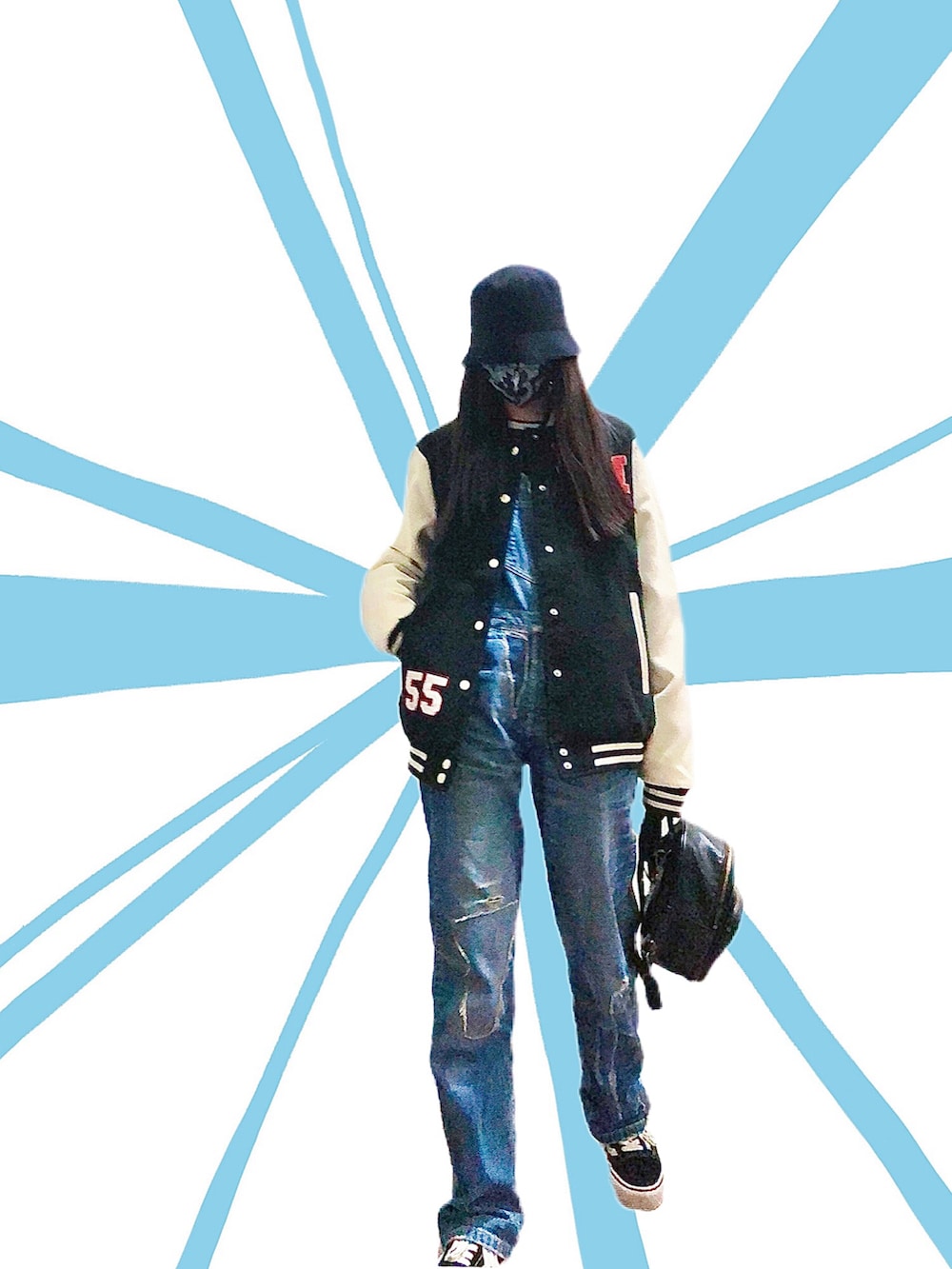 ブラック系のトップス、ブルー系のオールインワン・サロペット、ブラック系のバックパック/リュックを着用したレディースの冬コーディネートの2枚目の写真