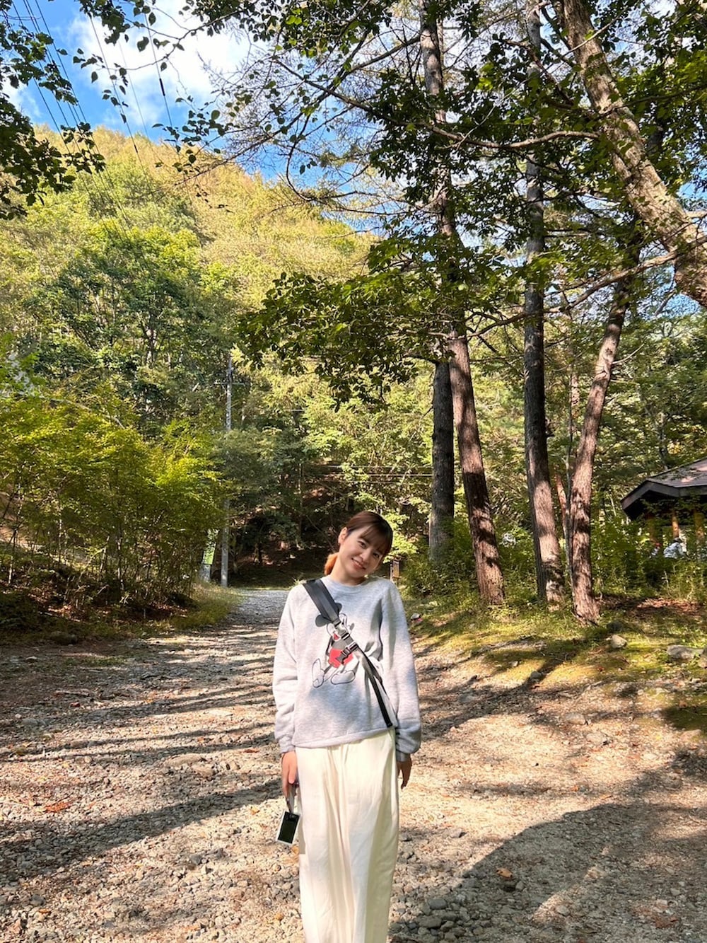 ブラウン系のシューズ、グレー系のトップスを着用したレディースの秋コーディネートの2枚目の写真