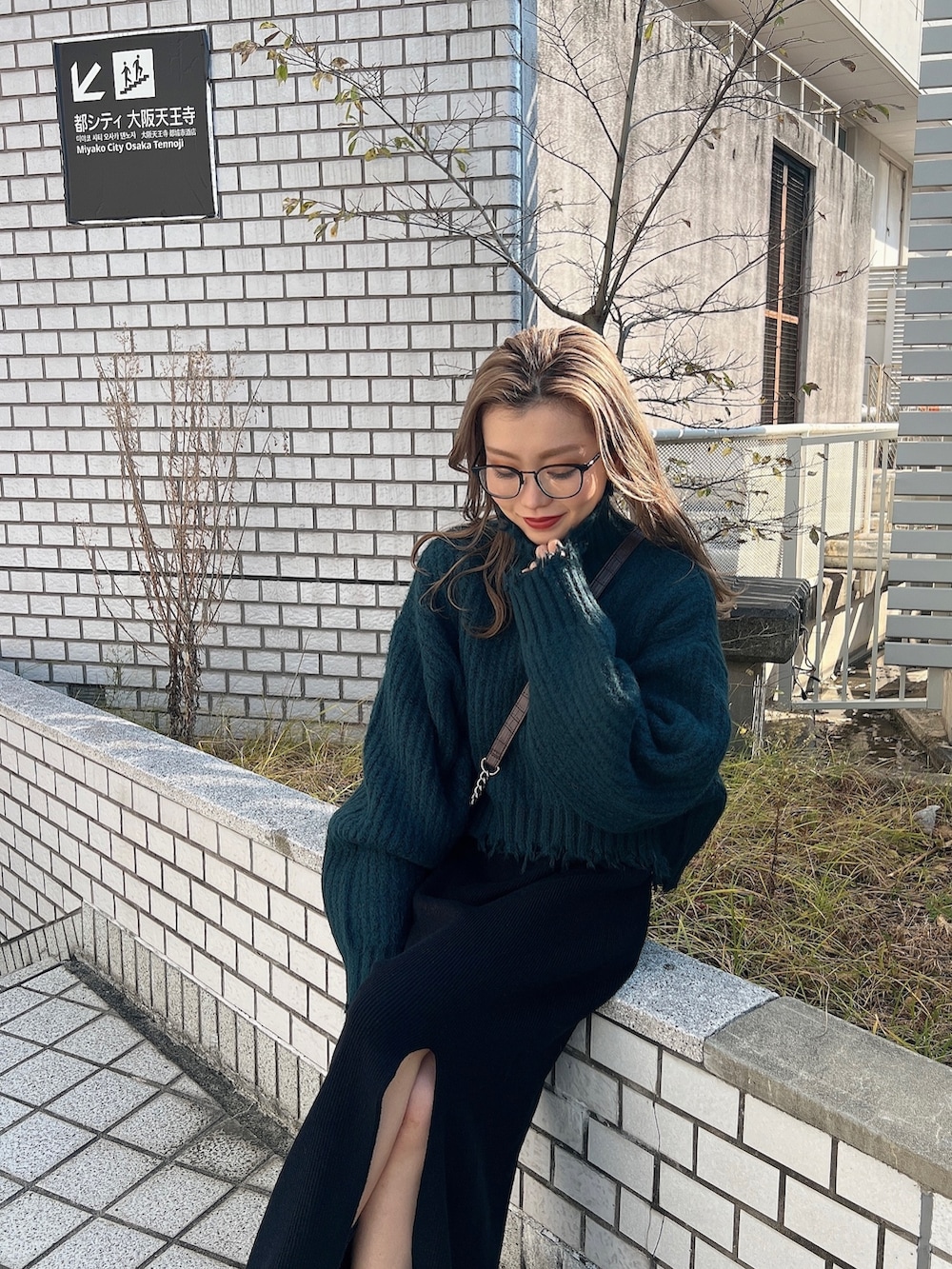 グリーン系のニット/セーター、その他のショルダーバッグ、ブラック系のワンピースを着用したレディースの秋コーディネートの6枚目の写真