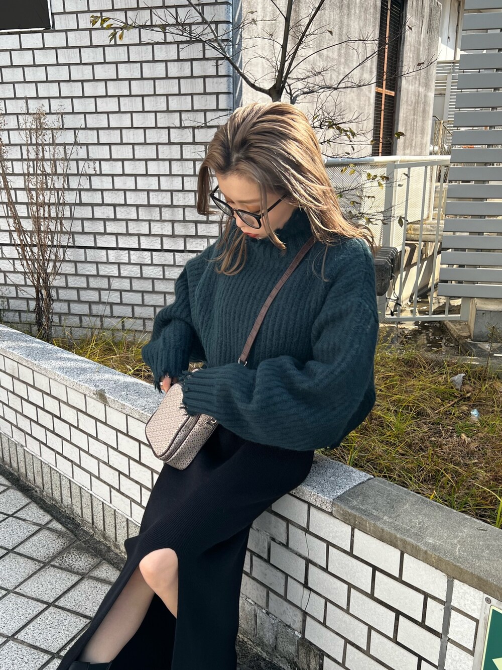グリーン系のニット/セーター、その他のショルダーバッグ、ブラック系のワンピースを着用したレディースの秋コーディネートの7枚目の写真