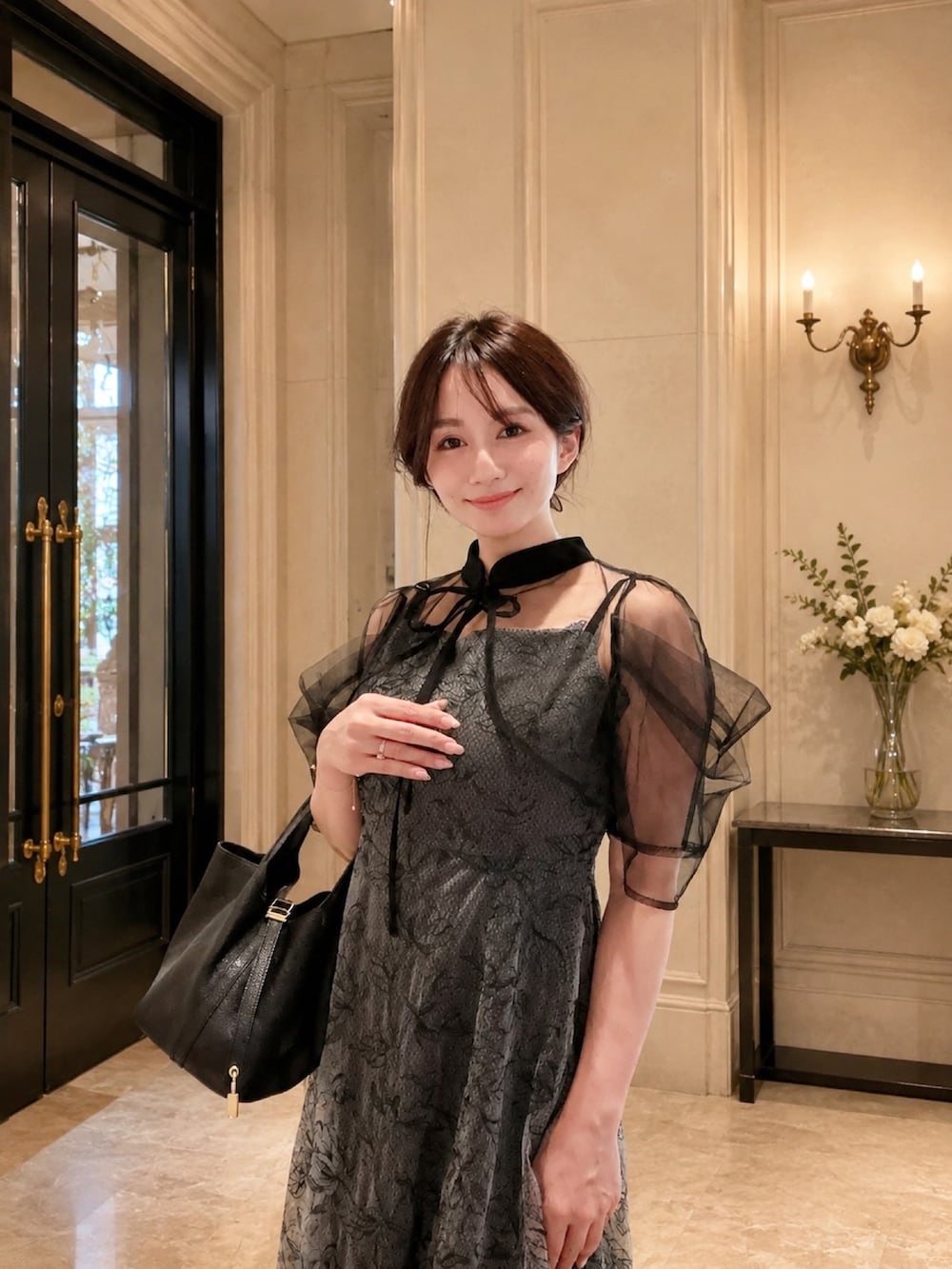 ブラック系のドレスを着用したレディースの夏コーディネートの3枚目の写真
