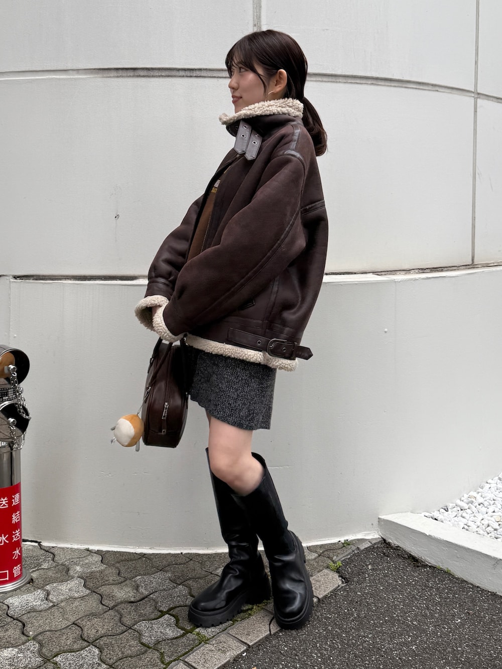 ブラウン系のハンドバッグ、グレー系のその他パンツ、ブラウン系のスウェットを着用したレディースの秋コーディネートの2枚目の写真