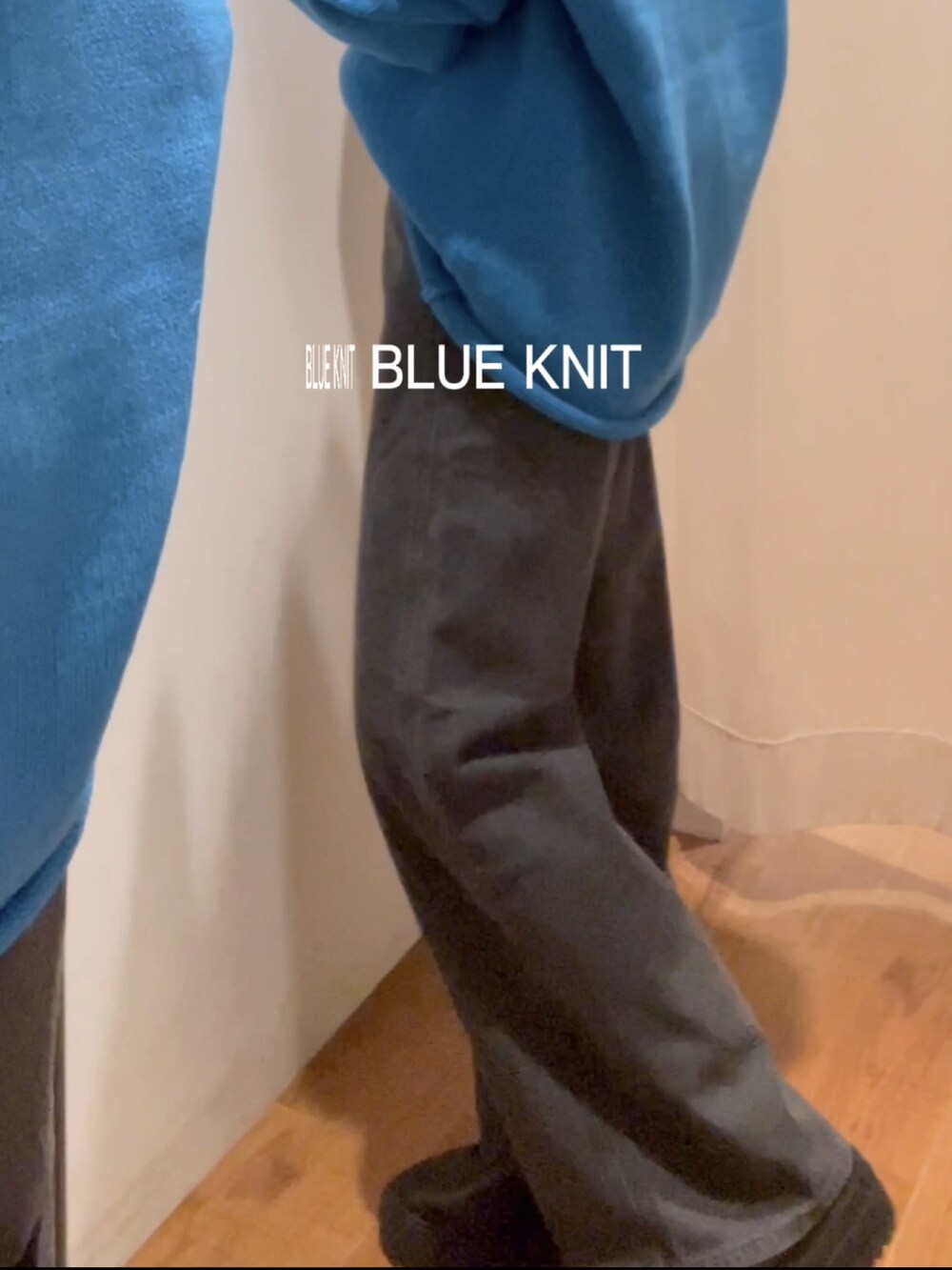 ブラック系のデニムパンツ、ブルー系のニット/セーター、ホワイト系のTシャツ/カットソーを着用したレディースの秋コーディネートの2枚目の写真