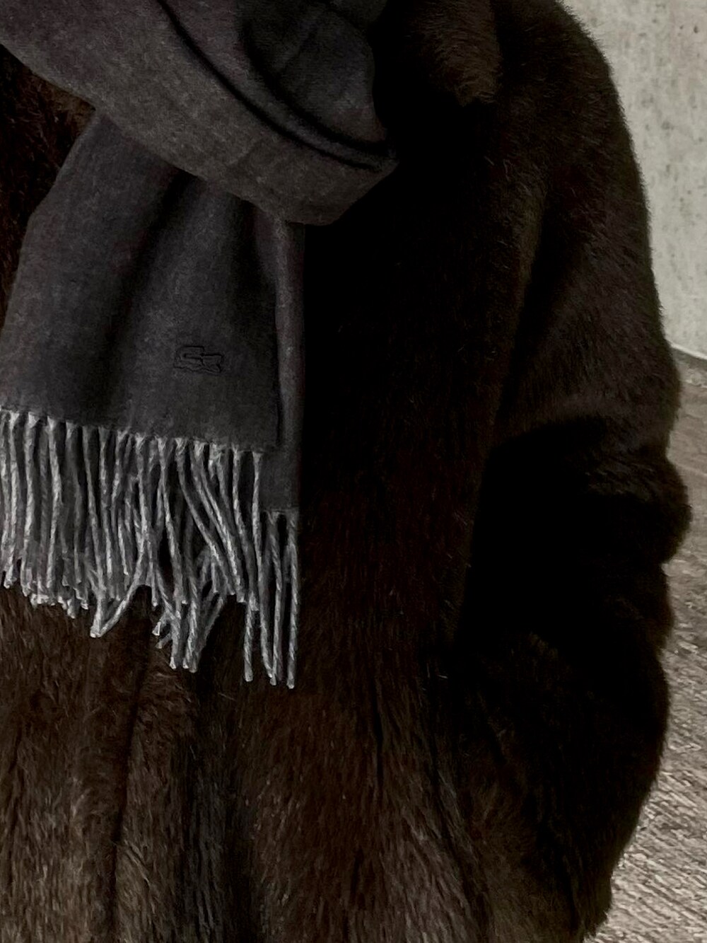 ブラック系のバッグ、ブラウン系のシューズ、ブラック系のマフラーを着用したレディースの冬コーディネートの3枚目の写真