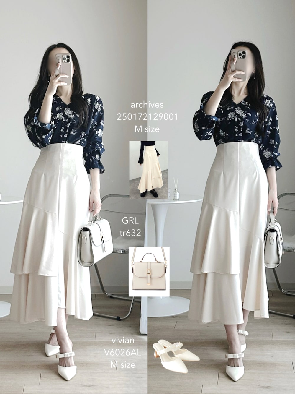 ホワイト系のパンプス、ホワイト系のスカート、ホワイト系のハンドバッグを着用したレディースの春コーディネートの2枚目の写真