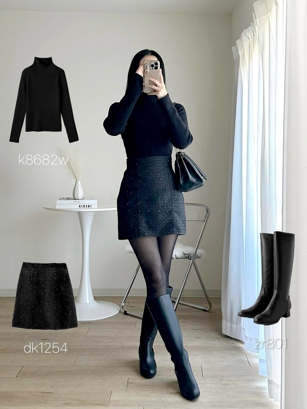 ブラック系のブーツ、ブラック系のスカート、ブラック系のニット/セーターを着用したレディースの冬コーディネートの2枚目の写真