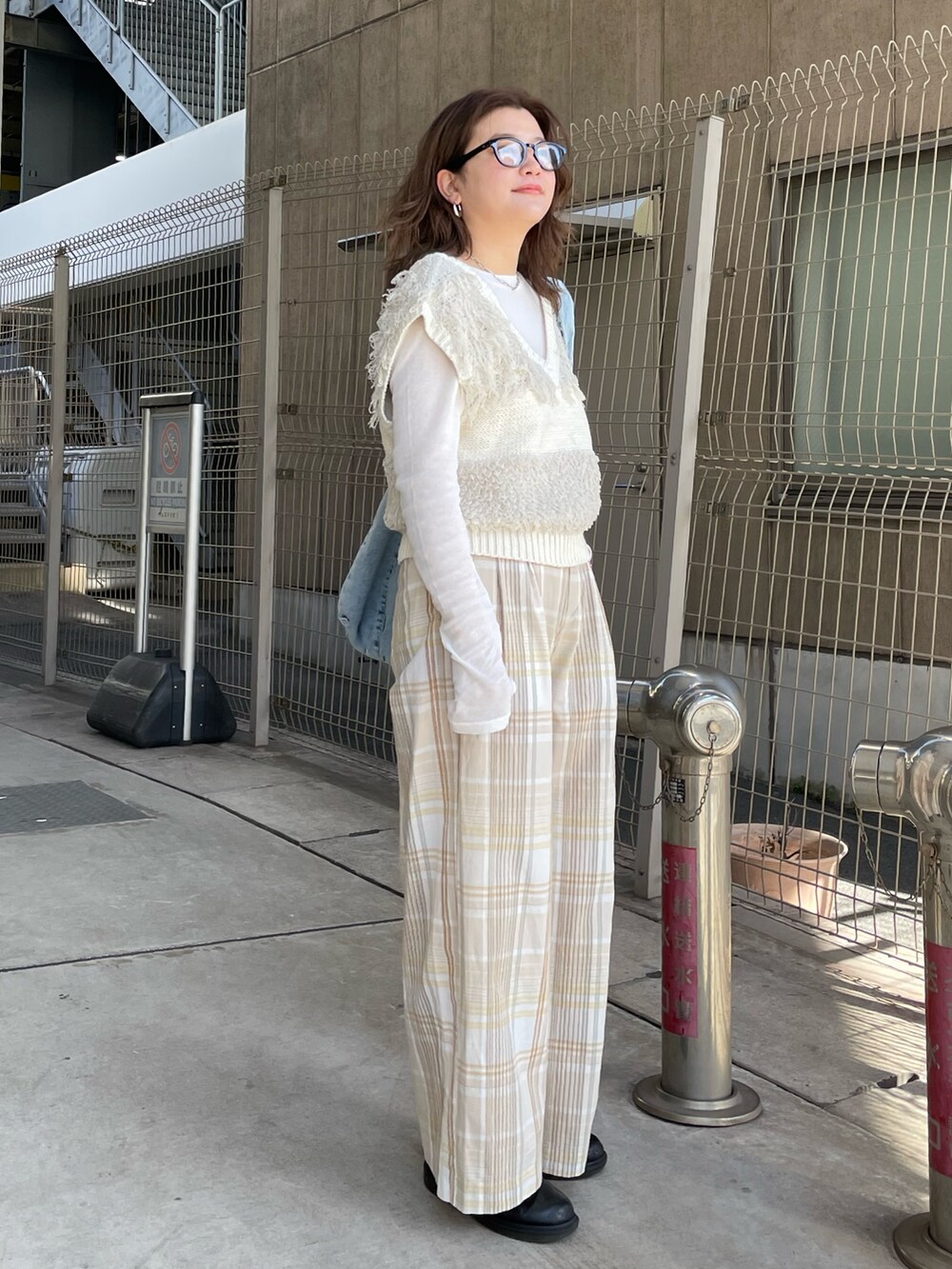 ホワイト系のTシャツ/カットソー、ホワイト系のベスト、ベージュ系のその他パンツを着用したレディースの冬コーディネートの2枚目の写真