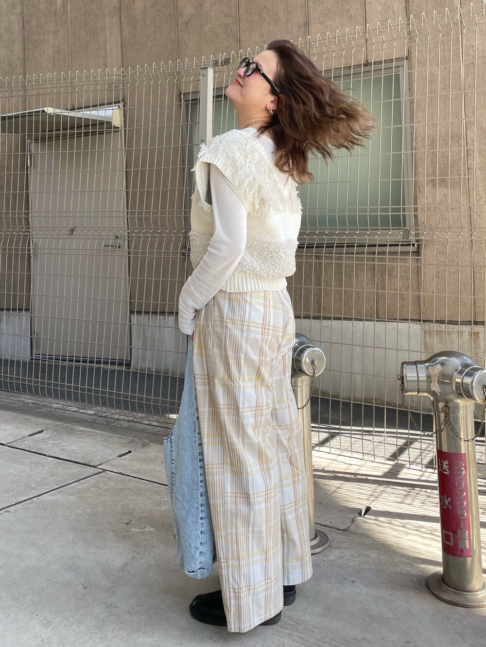 ホワイト系のTシャツ/カットソー、ホワイト系のベスト、ベージュ系のその他パンツを着用したレディースの冬コーディネートの3枚目の写真