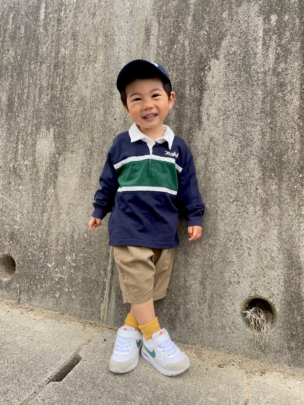 「カラーソックス、キッズファッション、休日スタイル、ロンT、ラガーシャツ、アウトドアスタイル、ZOZOKIDSDAY、ごきげんウィーク、ハーフパンツ」｜「Birthdayのアイテム（キャップ、ブルー系）」を使った、りつぼーさん（キッズ・90cm）の春コーディネートの2枚目の写真