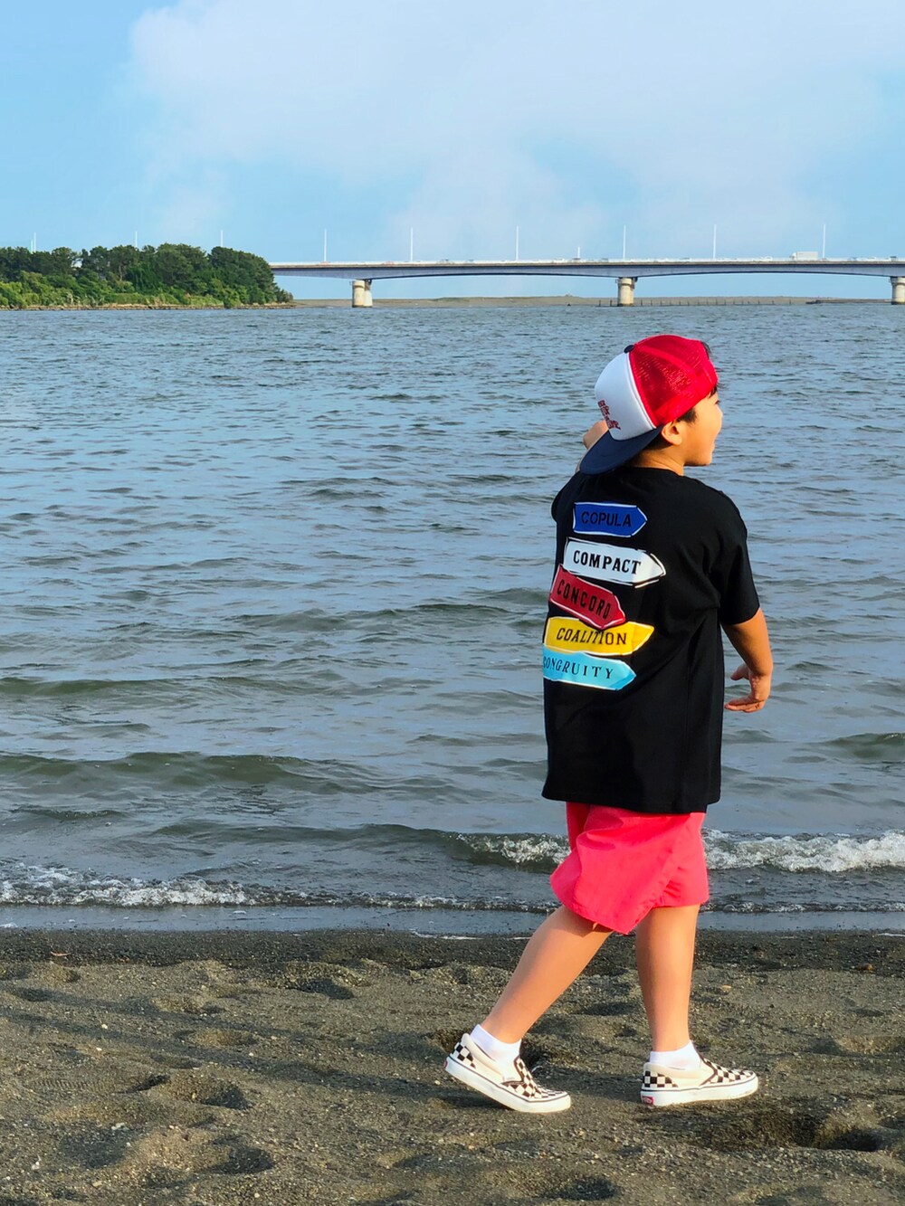 ブラック系のTシャツ/カットソー、ピンク系のその他パンツ、ブラック系のスニーカーを着用したキッズの夏コーディネートの2枚目の写真