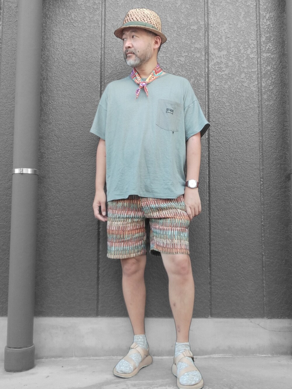 グリーン系のTシャツ/カットソー、その他のその他パンツ、ベージュ系のサンダルを着用したメンズの夏コーディネートの3枚目の写真