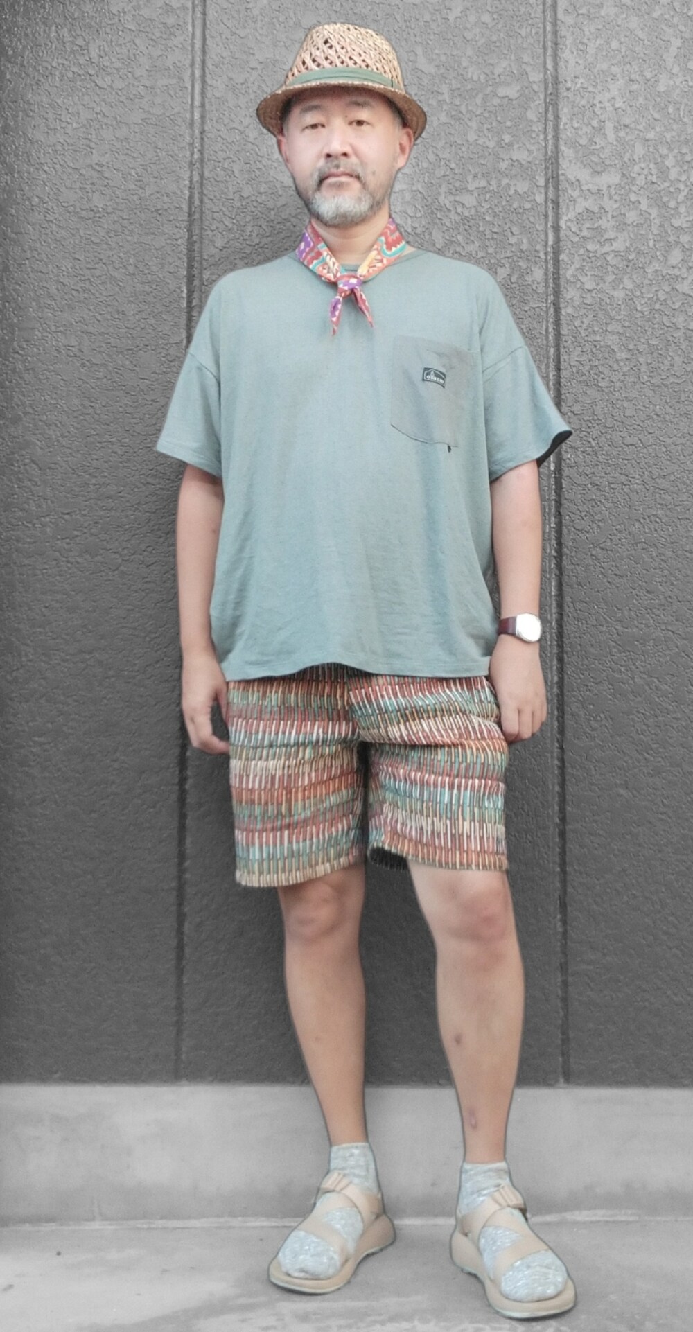 グリーン系のTシャツ/カットソー、その他のその他パンツ、ベージュ系のサンダルを着用したメンズの夏コーディネートの2枚目の写真