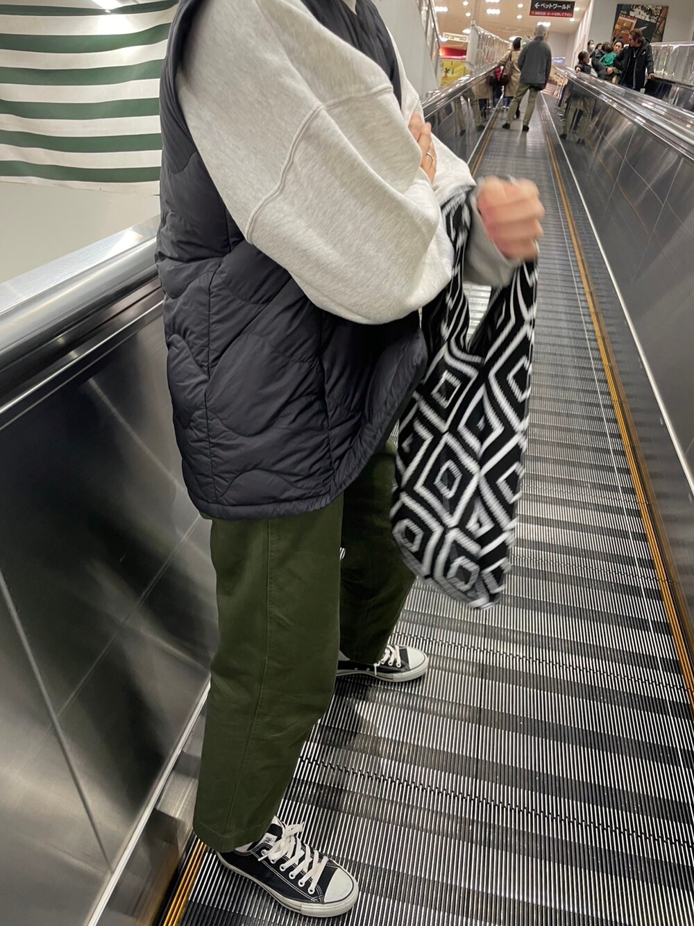 グリーン系のその他パンツ、ブラック系のトートバッグ、ブラック系のスニーカーを着用したレディースの冬コーディネートの2枚目の写真