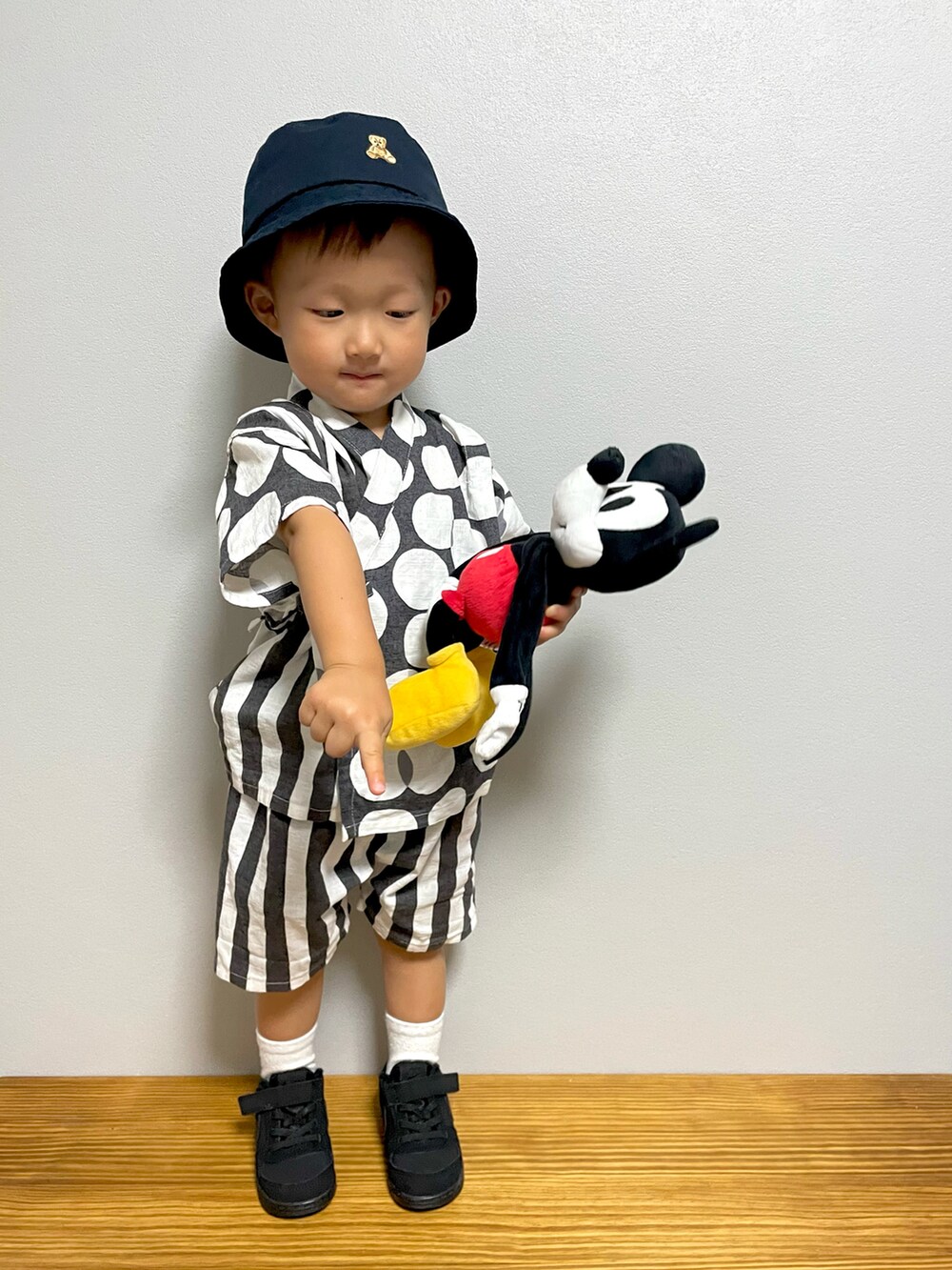 「夏映え浴衣コーデ、バケットハット、夏コーデ、夏祭り、休日スタイル、スニーカー、NIKE、モノトーン」｜「Birthdayのアイテム（ハット、ブルー系）」を使った、ＯＴＯ ☺︎ ‬ＲＩＲＩさん（キッズ・80cm）の夏コーディネートの4枚目の写真